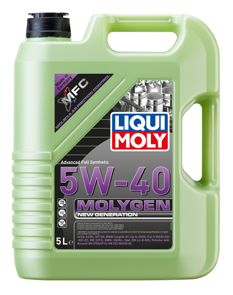 Liqui Moly Molygen New Generation 5W-40 engine oil bottle with label and cap, designed for automotive engine lubrication.