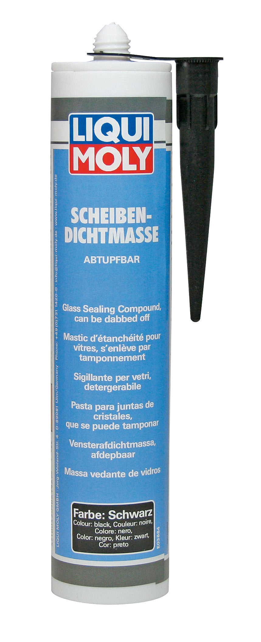 Liqui Moly Glass Sealing Compound in 310ml tube, suitable for adhesives and sealants, shown with the product label and nozzle.