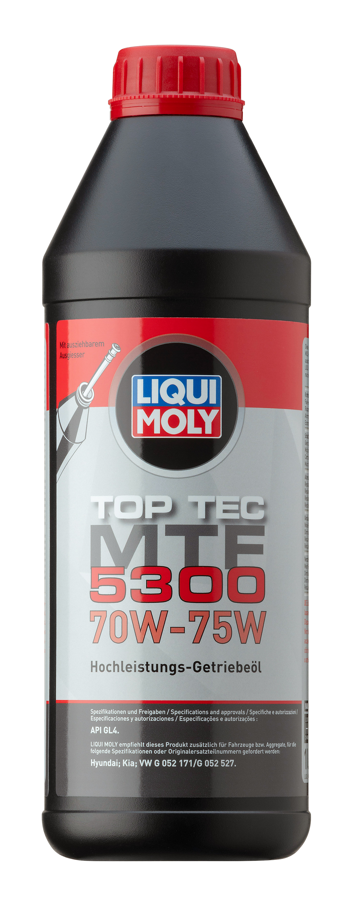 Liqui Moly Top Tec MTF 5300 gearbox fluid bottle with label showing product details and branding.