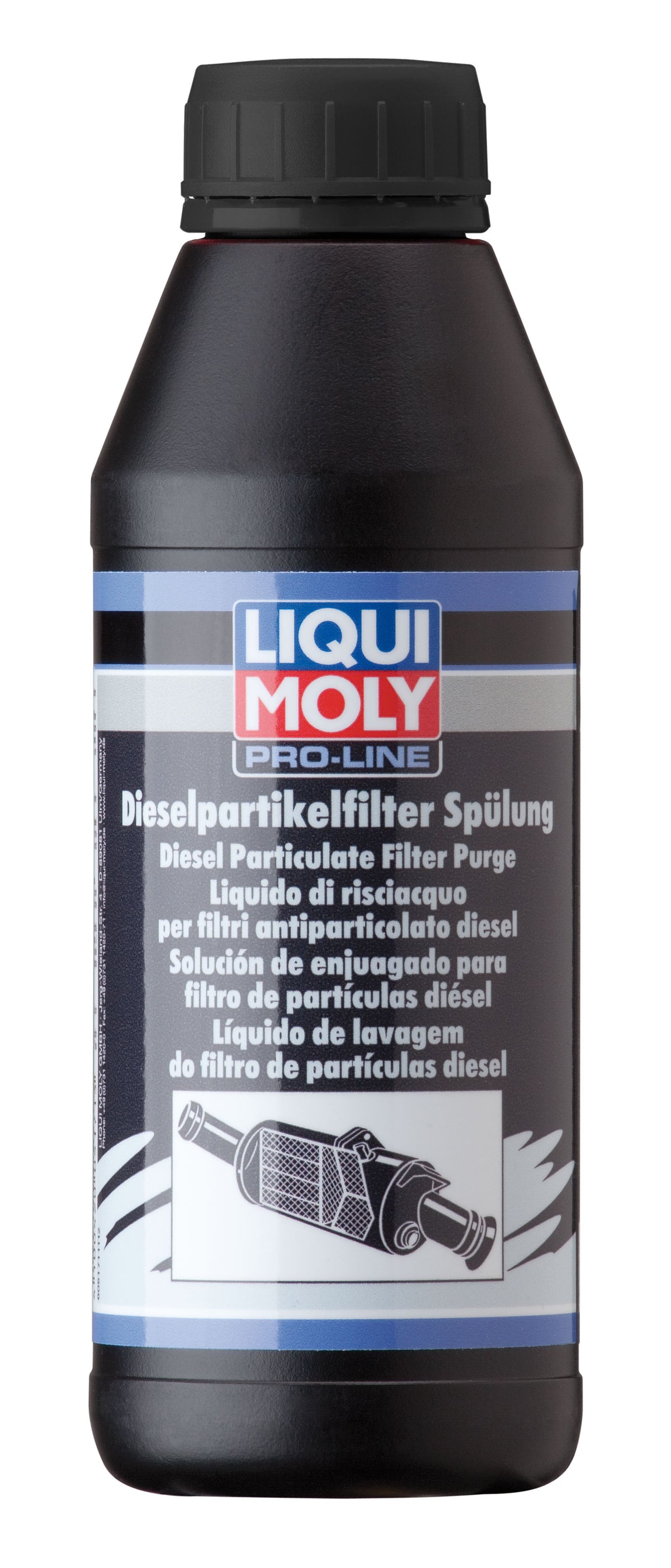 Liqui Moly Pro-Line DPF Purge 500ml bottle for diesel particulate filter cleaning and maintenance, with product label visible.