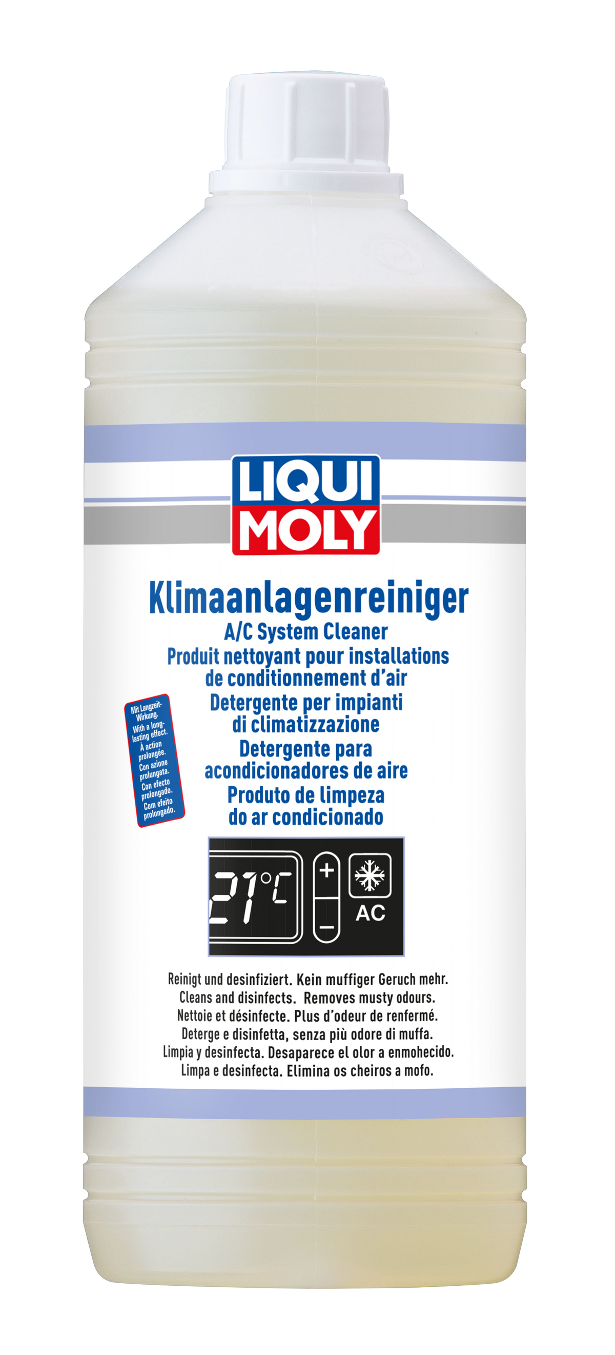 Liqui Moly A/C System Cleaner additive bottle for vehicle air conditioning system maintenance and cleaning.