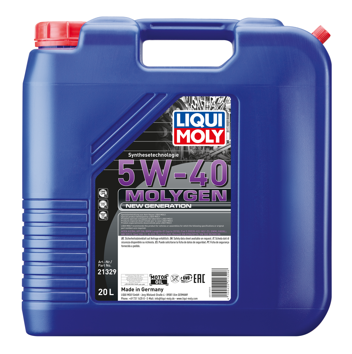 Liqui Moly Molygen New Generation 5W-40 engine oil container, clean label with product details, for automotive engine lubrication.