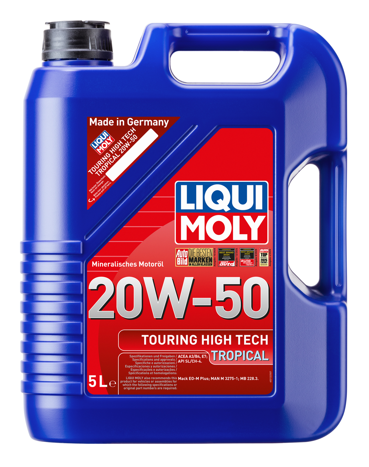 Liqui Moly Touring High Tech Tropical 20W-50 engine oil container, 5-liter size, with label detailing product specifications.