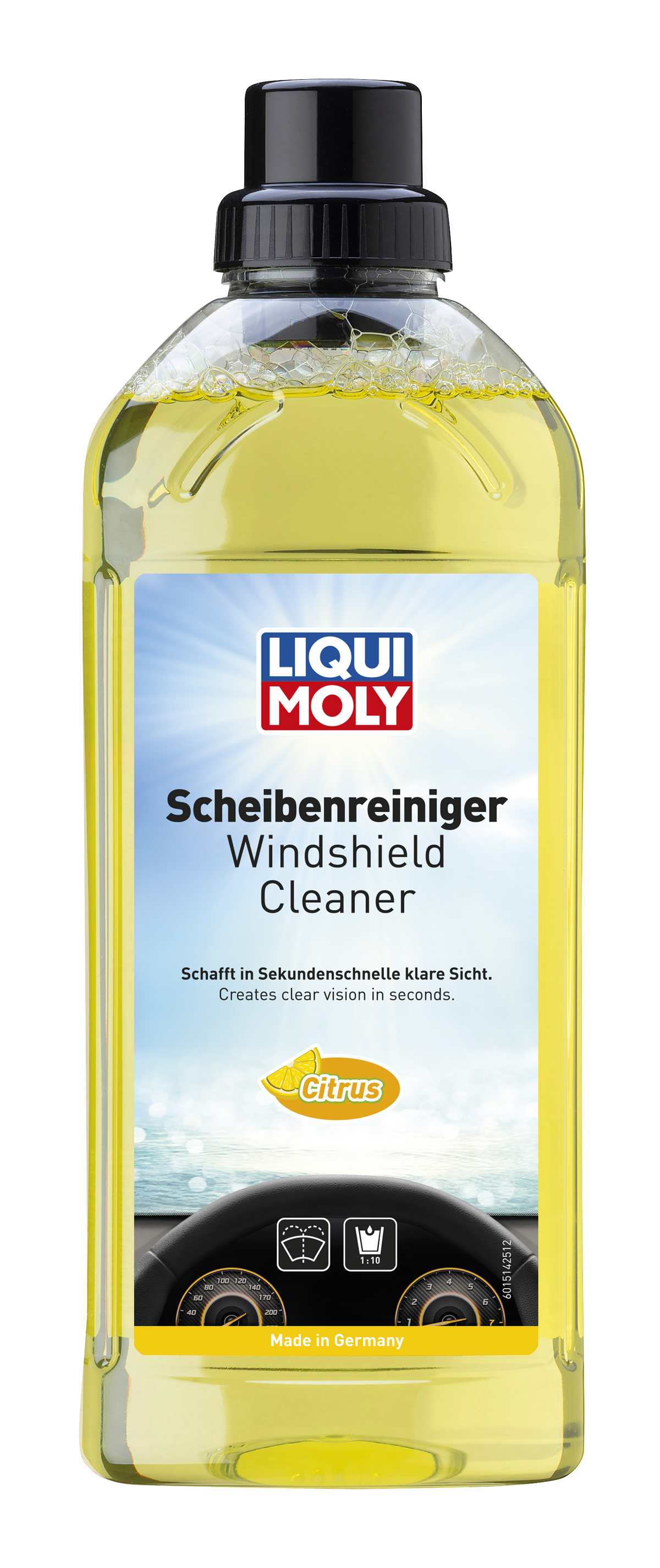 Liqui Moly Citrus Windshield Cleaner 1L bottle for vehicle detailing, showing the label and spray nozzle on the container.