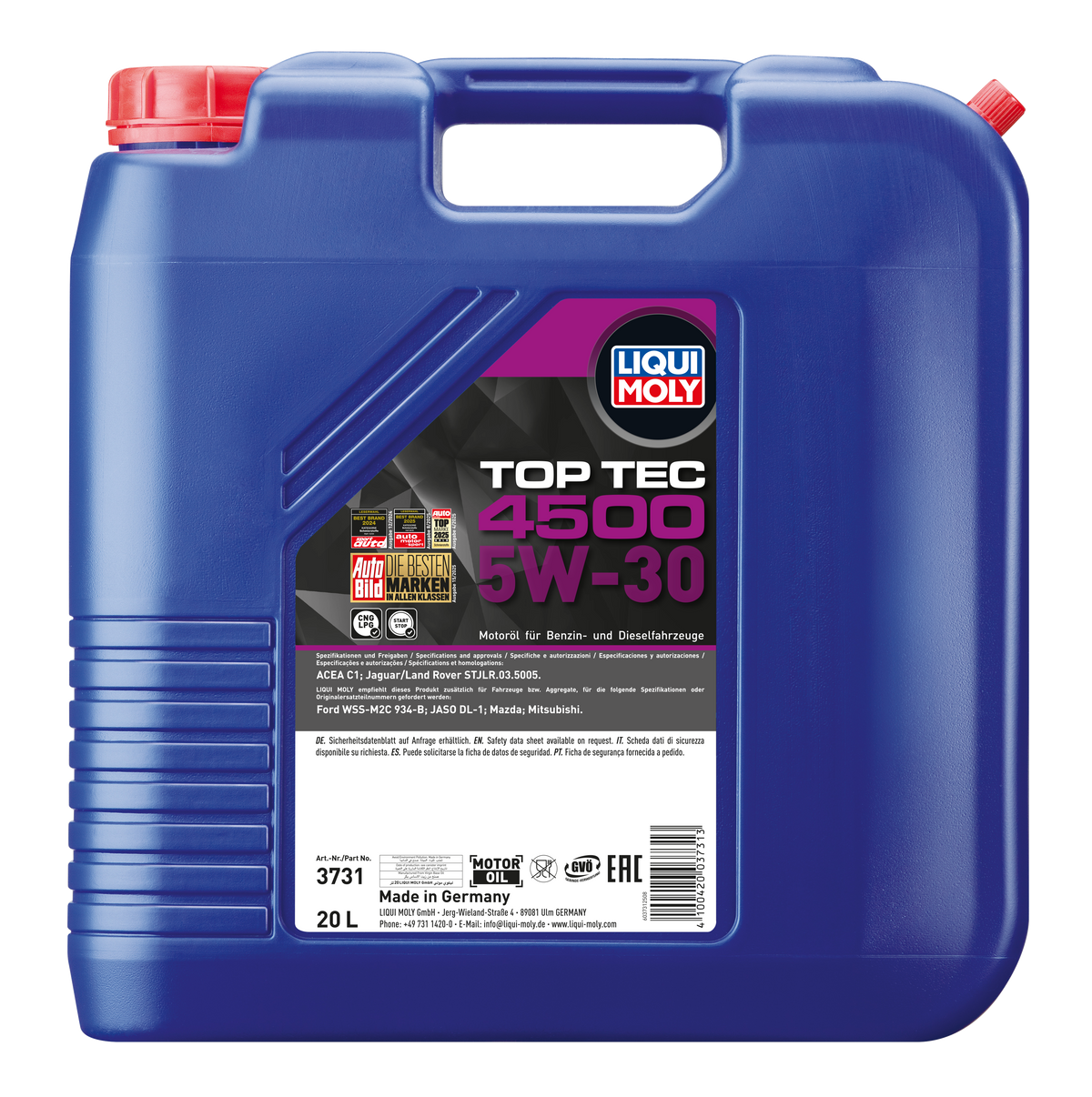 Liqui Moly Top Tec 4500 5W-30 engine oil bottle with label showing brand name and product specifications.