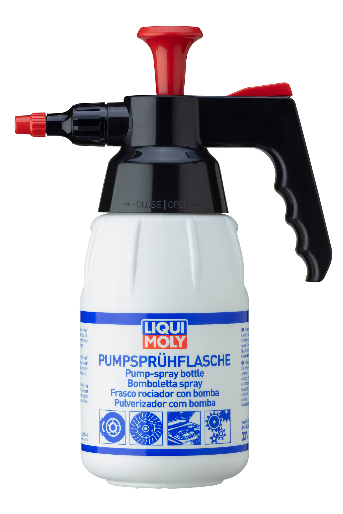 Liqui Moly 1L pump spray bottle of vehicle fluid, with clear label and blue cap, for automotive maintenance and fluid application.
