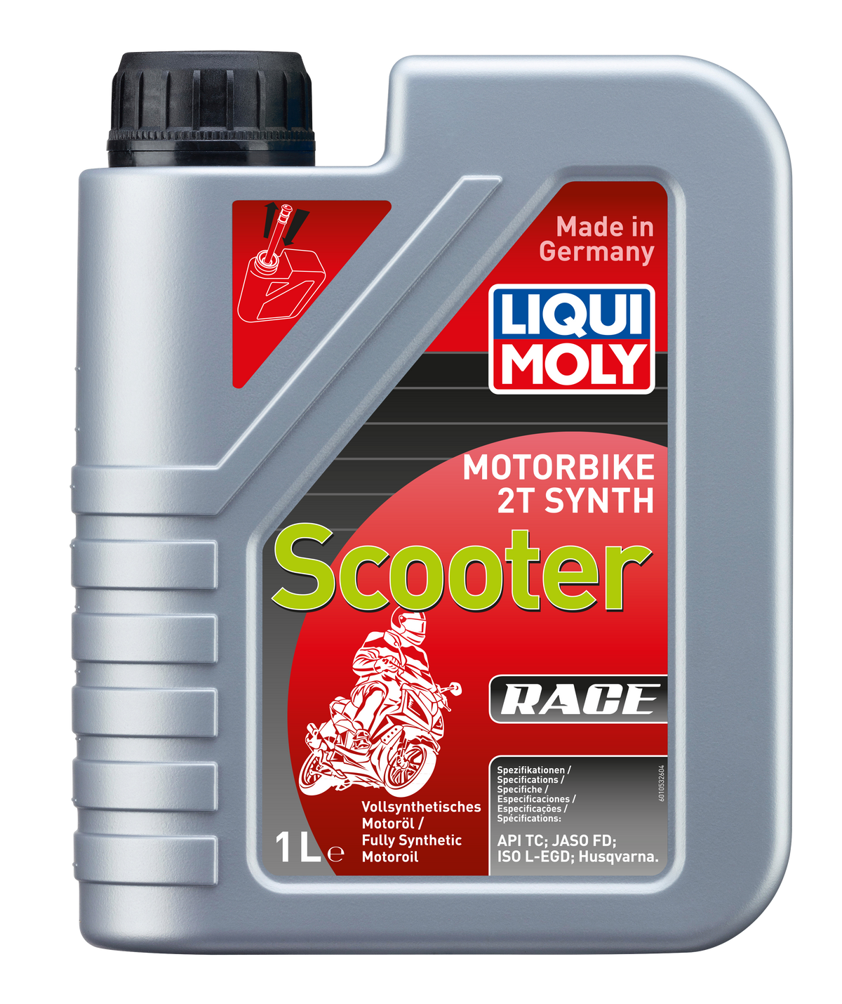 Liqui Moly Motorbike 2T Synth Scooter Race 1L bottle with label, motorbike engine oil for two-stroke scooters.