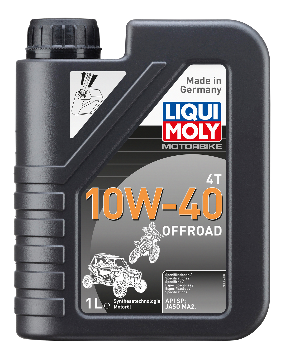 Liqui Moly Motorbike 4T 10W-40 offroad motorcycle engine oil bottle with label and black cap.