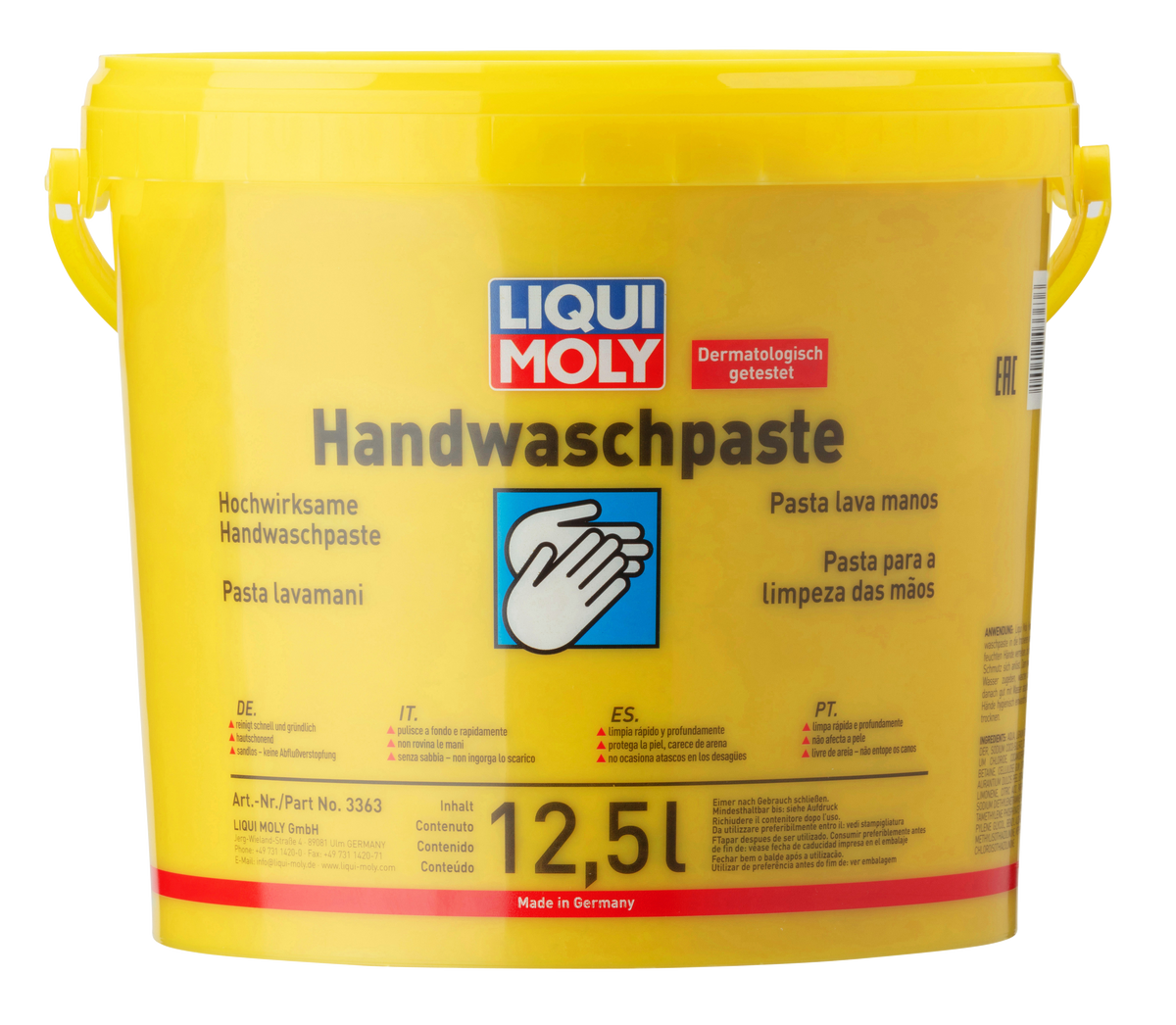 Liqui Moly hand cleaning paste for removing grease and lubricants, shown in a tube with a textured surface.