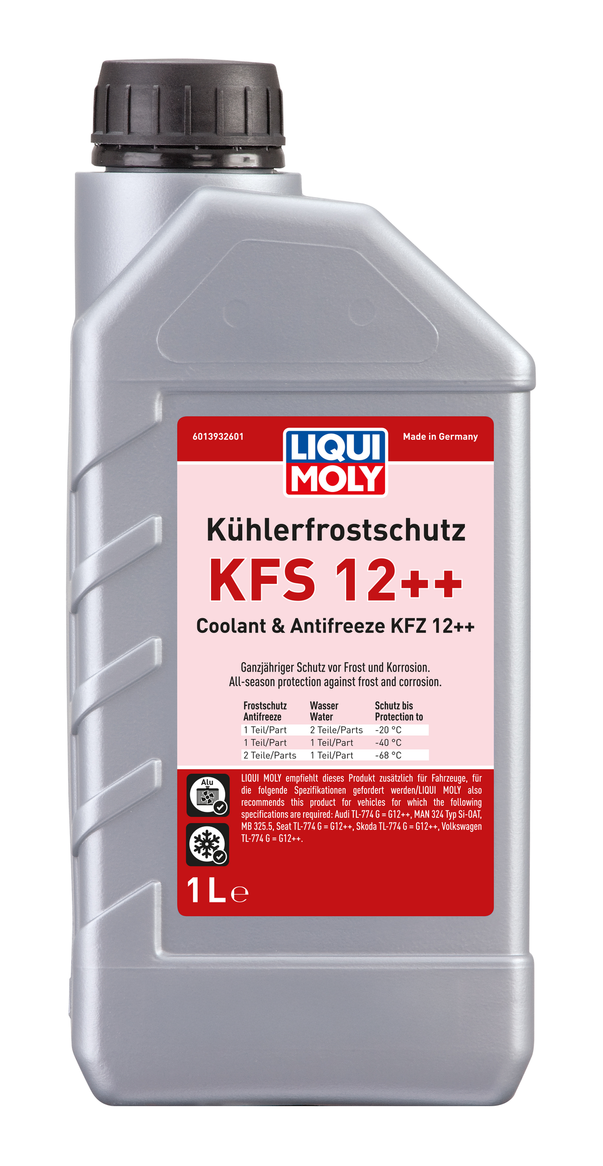 Liqui Moly Radiator Antifreeze KFS 12 Plus+ coolant bottle with label and blue liquid inside.