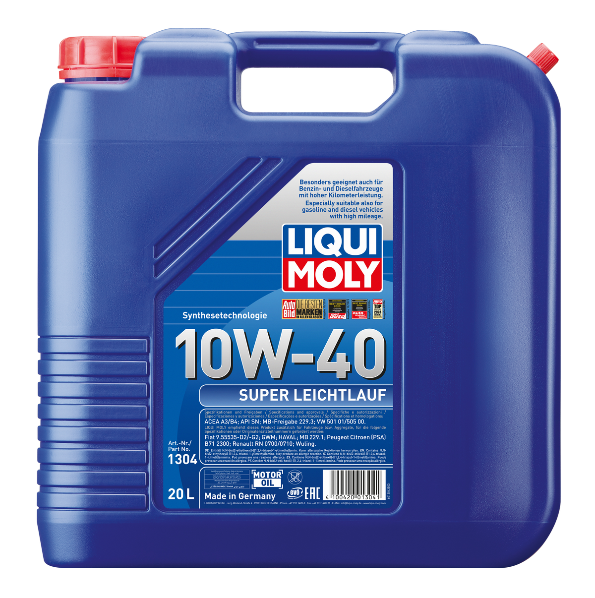 Liqui Moly Super Smooth Running Engine Oil 10W-40 bottle with label visible, designed for engine lubrication and performance.