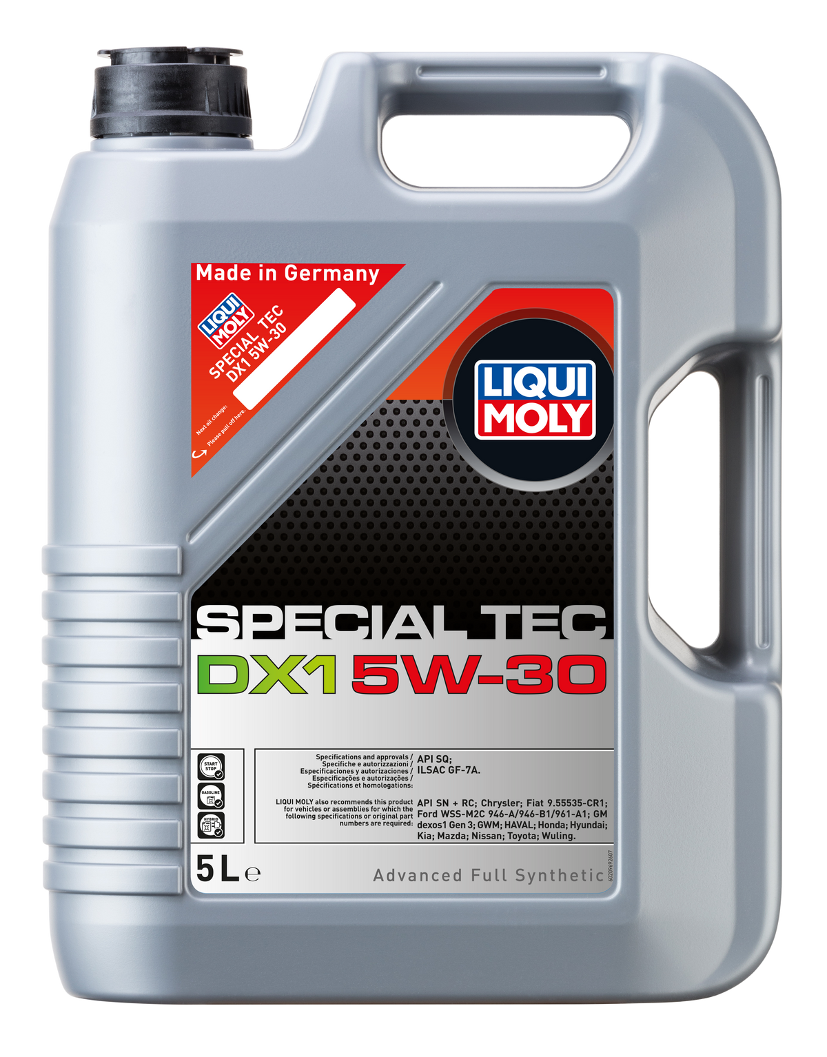 Liqui Moly Special Tex Dx1 5W-30 engine oil container, 5-liter size, with label and cap visible.