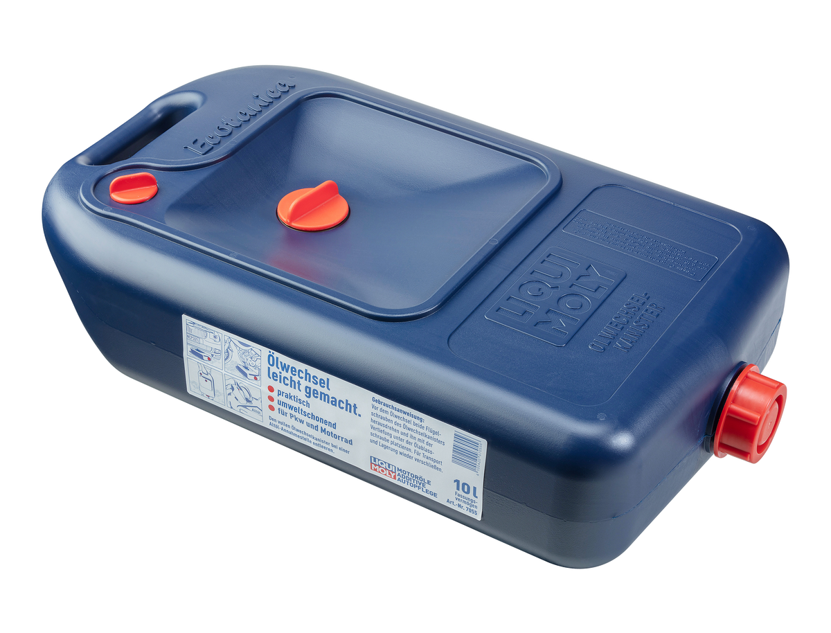 Liqui Moly oil change canister for workshop tools, compact container used for oil maintenance and fluid storage.