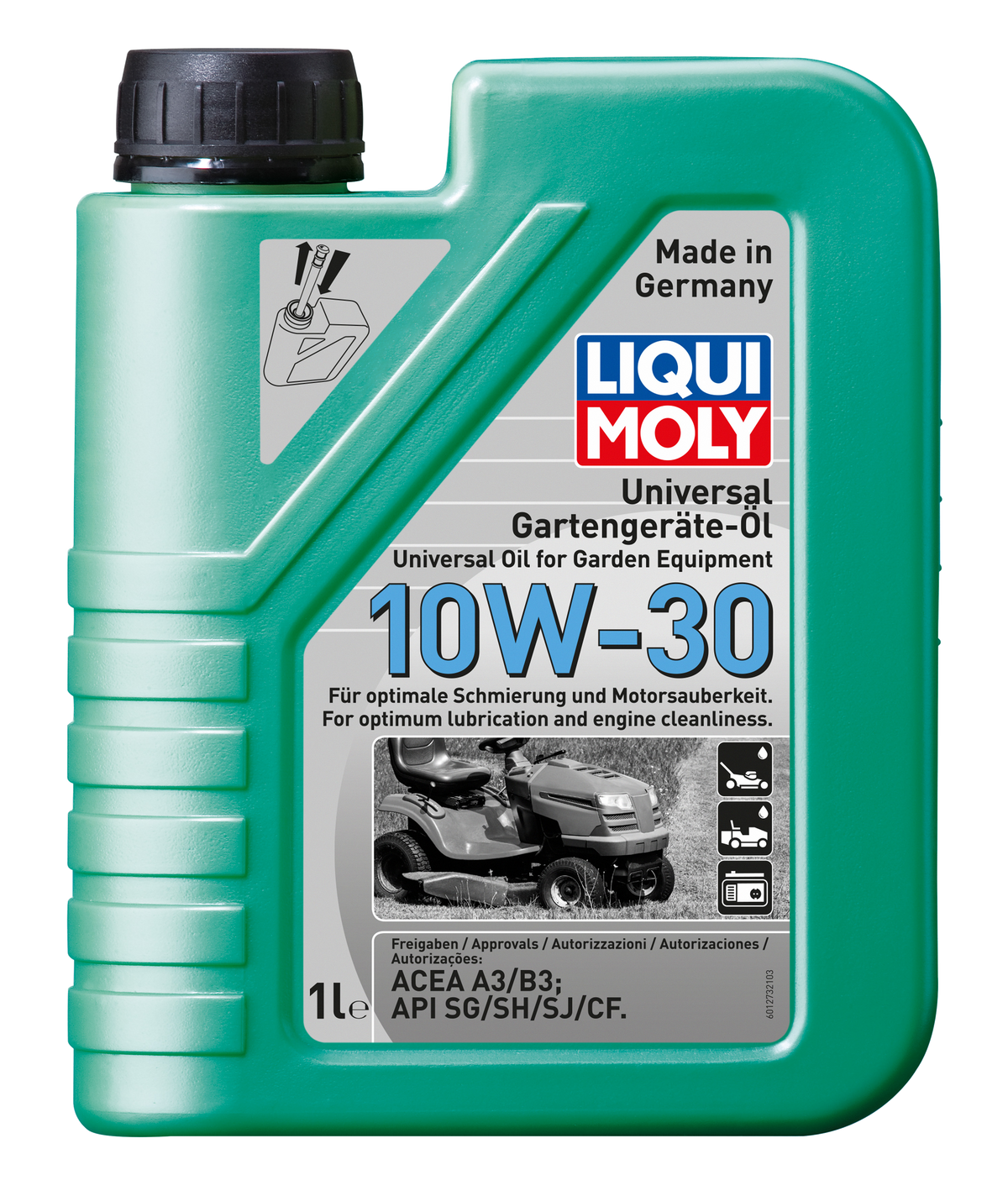 Liqui Moly Universal Oil Garden Equipment 10W-30 1L for commercial and agricultural use, shown in a 1-liter container.