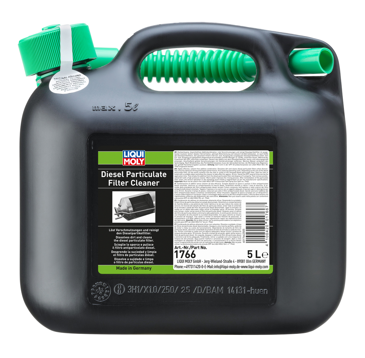 Liqui Moly DPF Cleaner 5L additive bottle for diesel particulate filter cleaning, designed to improve filter performance and emissions.