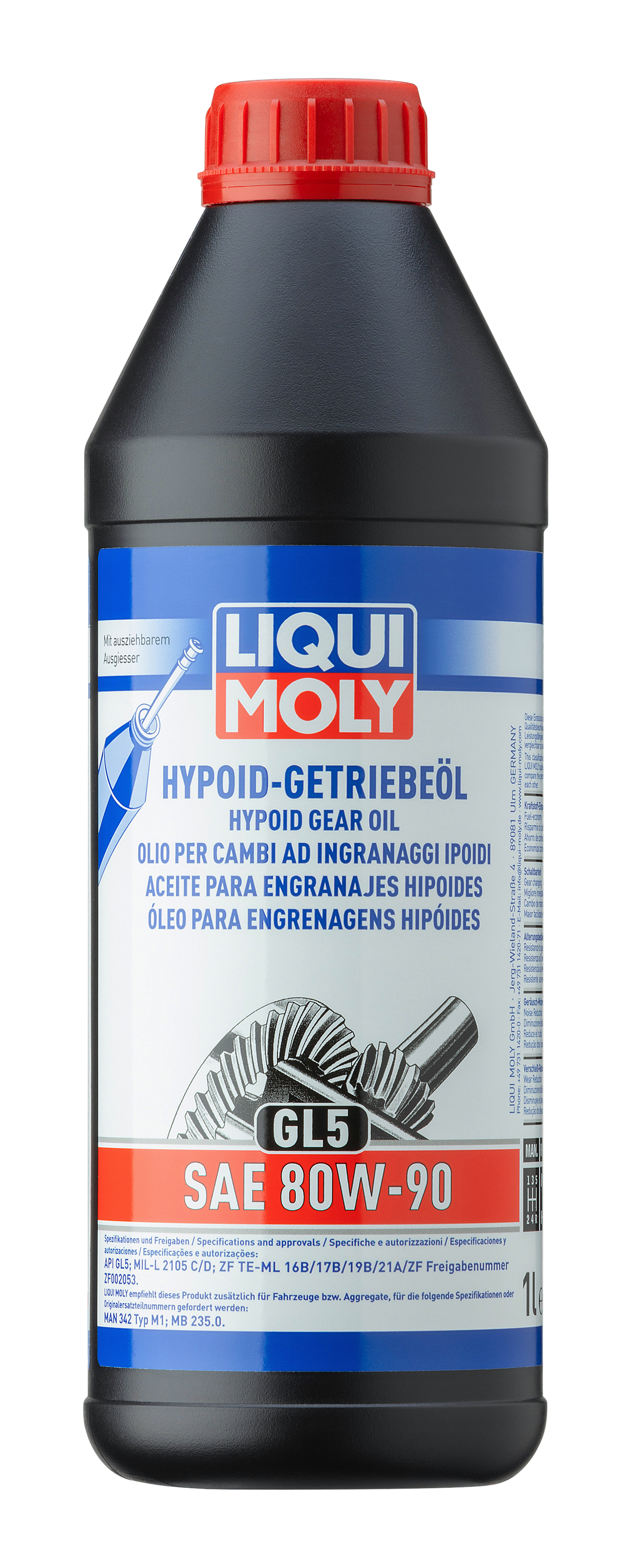 Liqui Moly Hypoid Gear Oil GL5 SAE 80W-90 gearbox fluid container with label showing product details.
