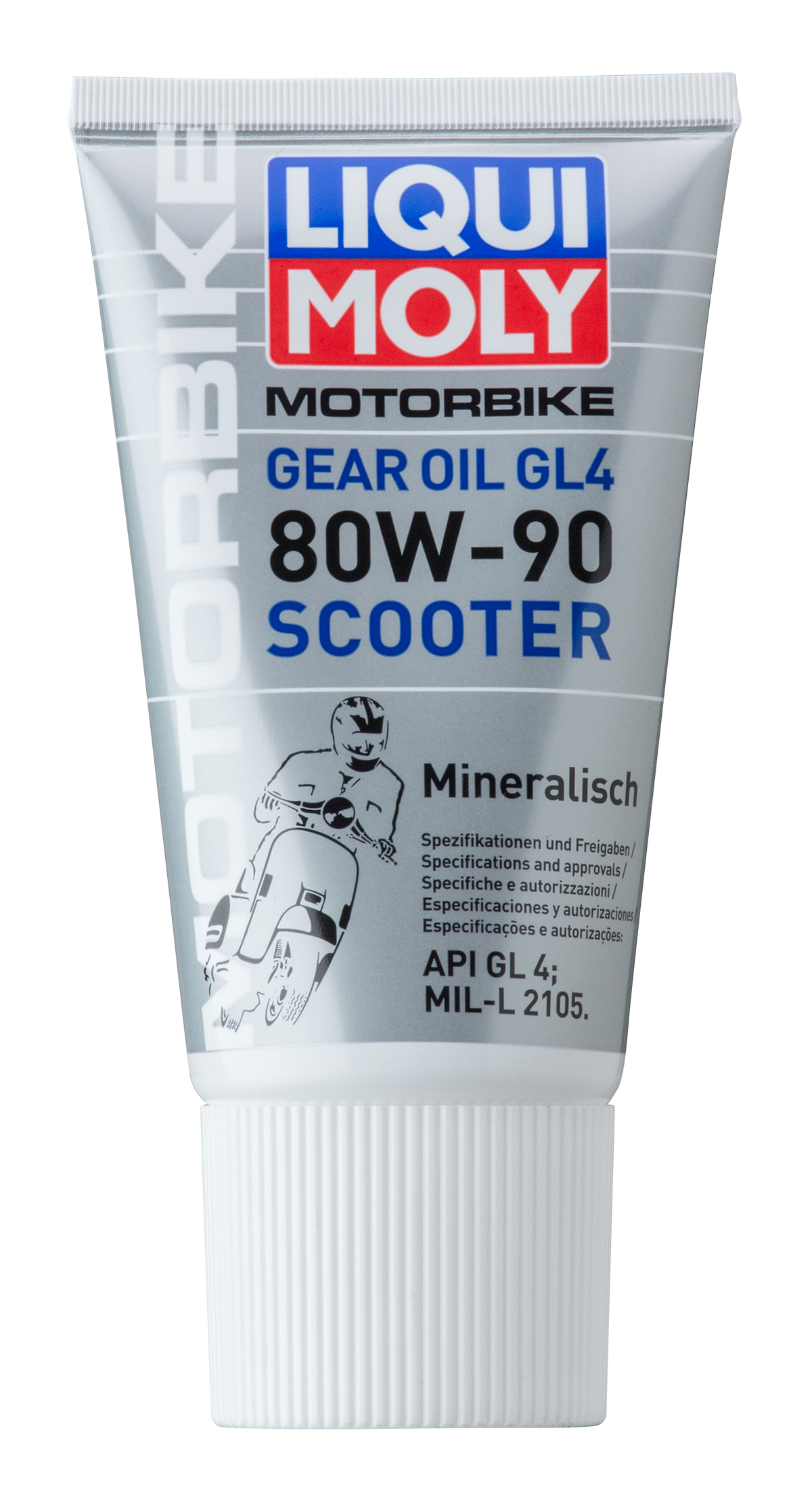 Liqui Moly Motorbike Gear Oil GL4 80W-90 for scooters, 150ml bottle, with a focus on gear oil container and labels.