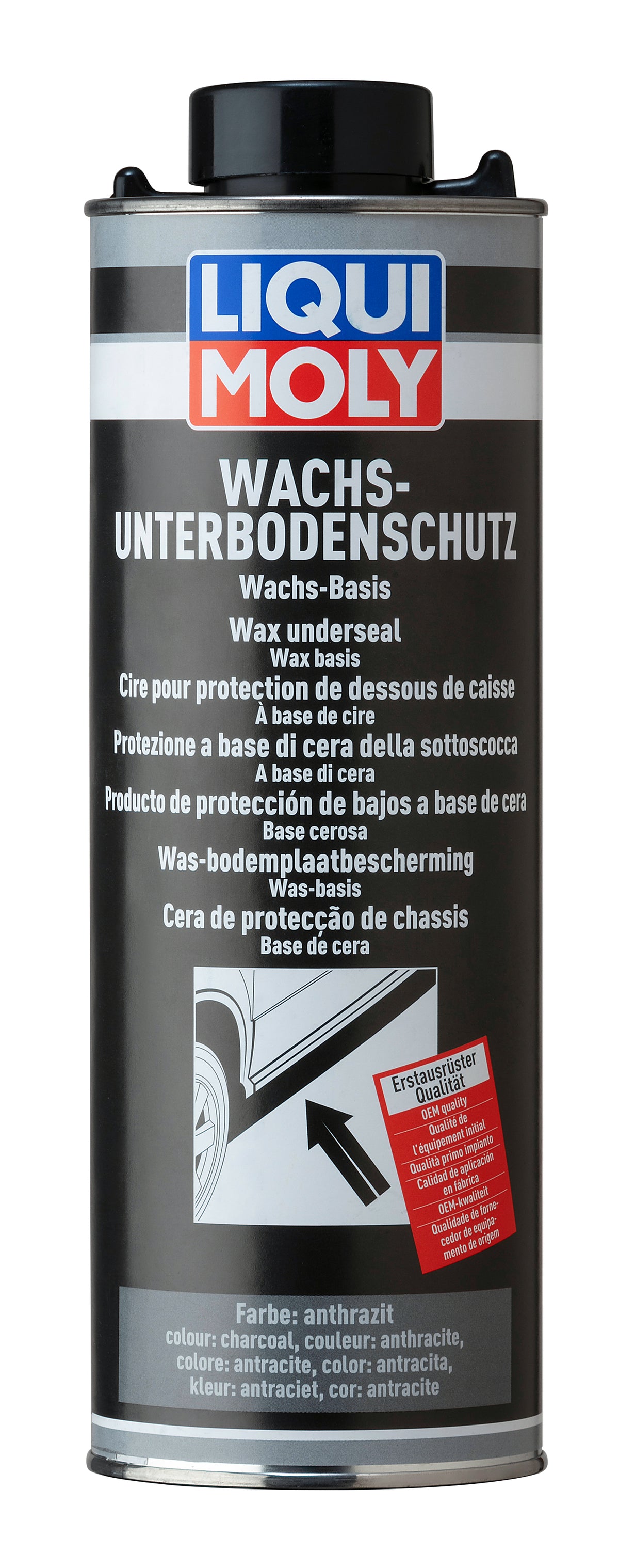Liqui Moly Wax Underseal in anthracite black for automotive protection, showing a container with black underseal adhesive and sealant.