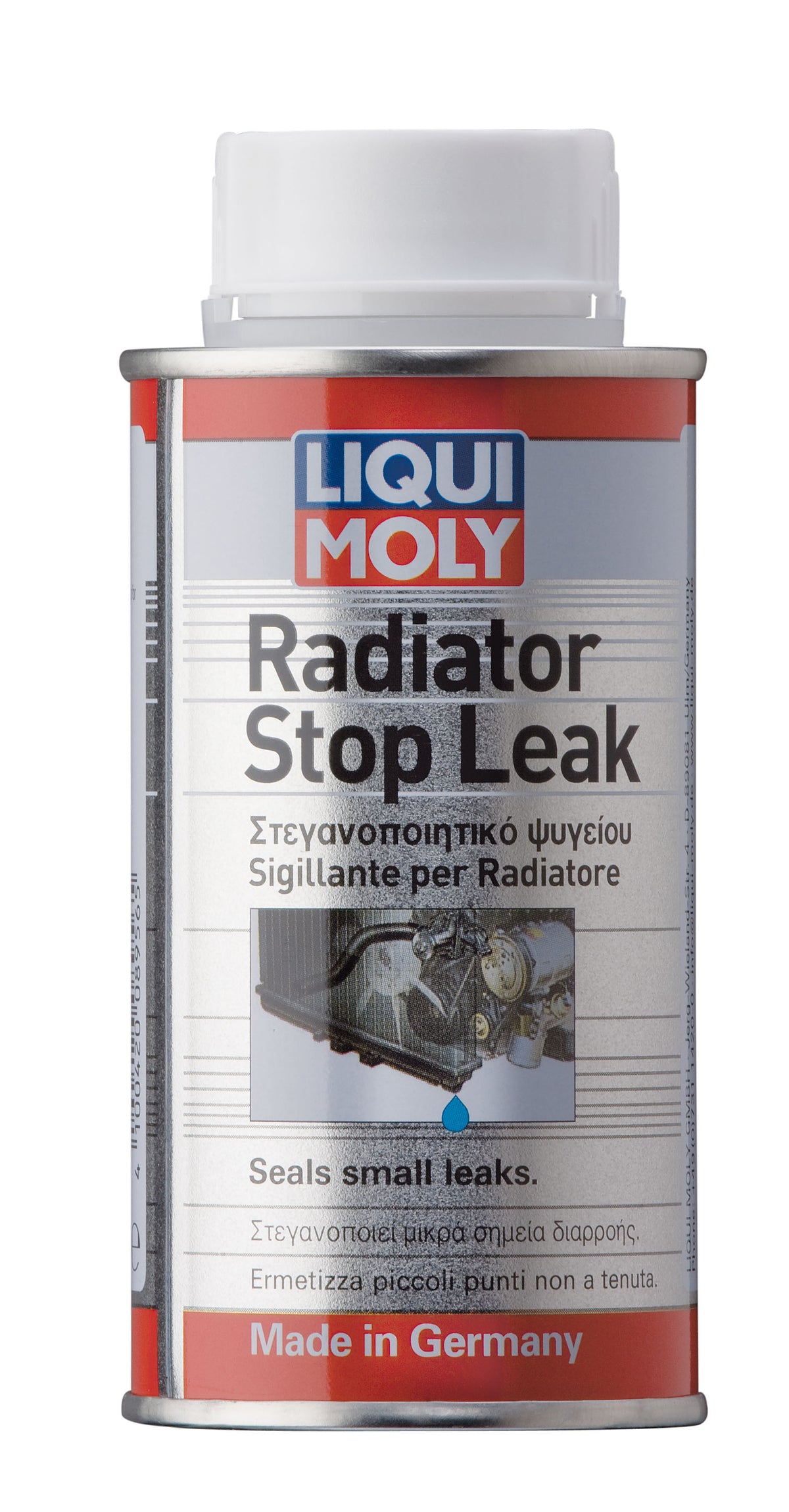 Liqui Moly Radiator Stop Leak additive bottle for automotive cooling system repair and leak prevention.