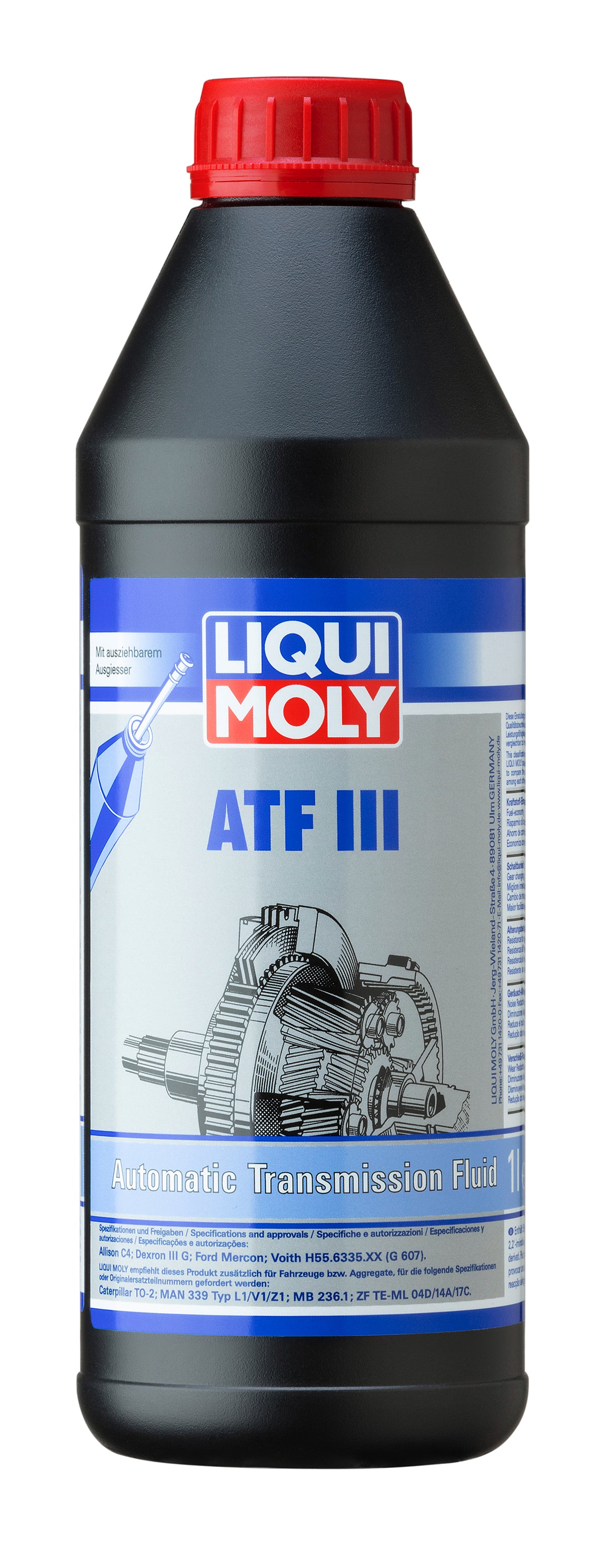 Liqui Moly ATF III gearbox fluid bottle with red cap and label, designed for automatic transmissions and gearboxes.
