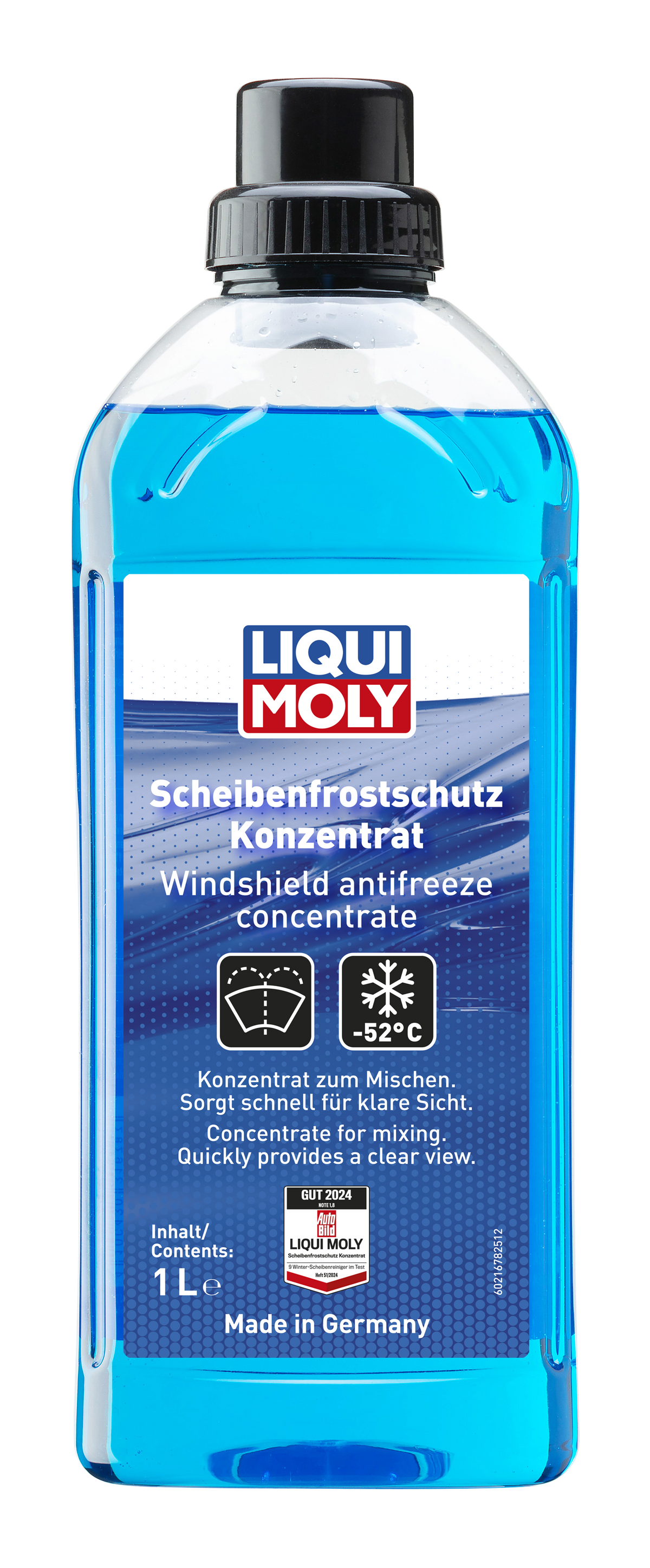Liqui Moly windshield antifreeze concentrate in a coolant bottle, designed to prevent freezing and protect automotive windshields.