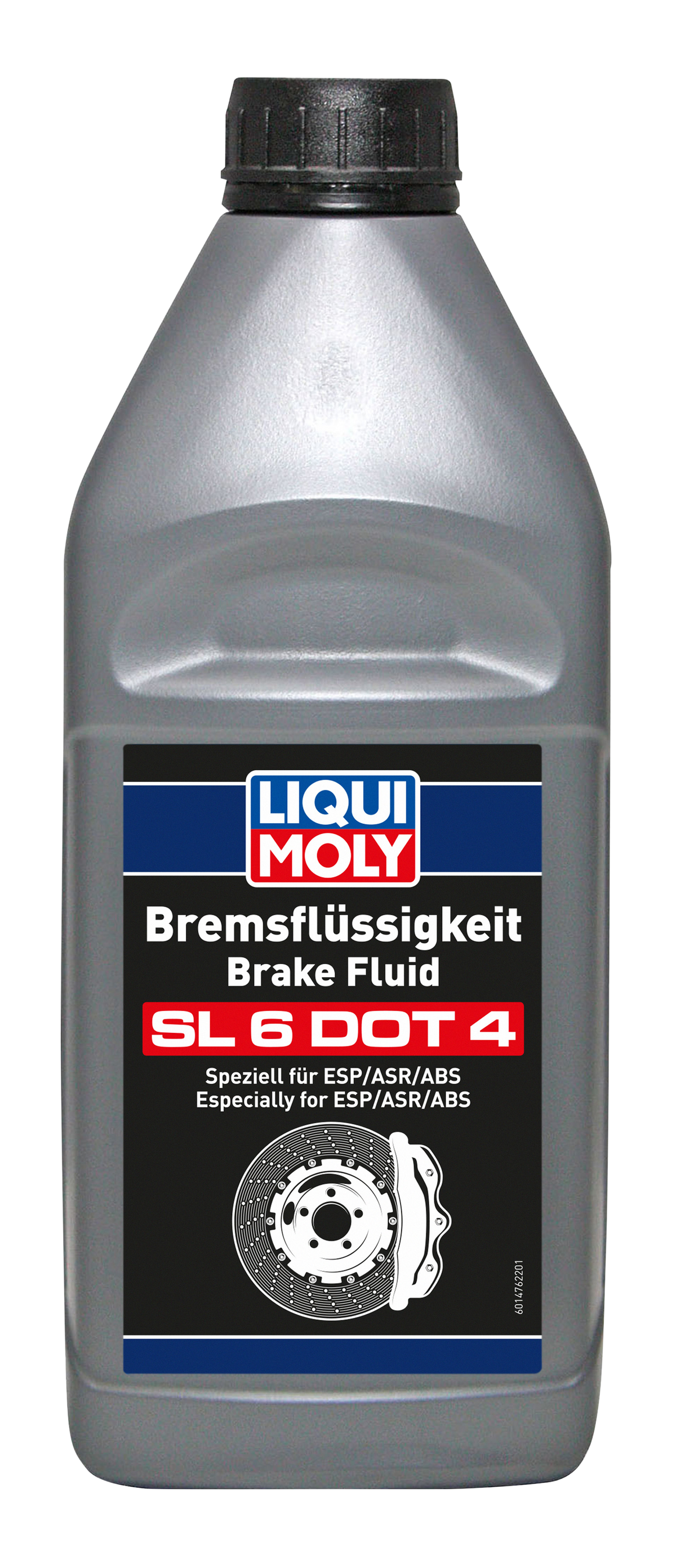 Liqui Moly Brake Fluid SL6 DOT 4 in a container, suitable for automotive brake systems, with a clear label showing product details.