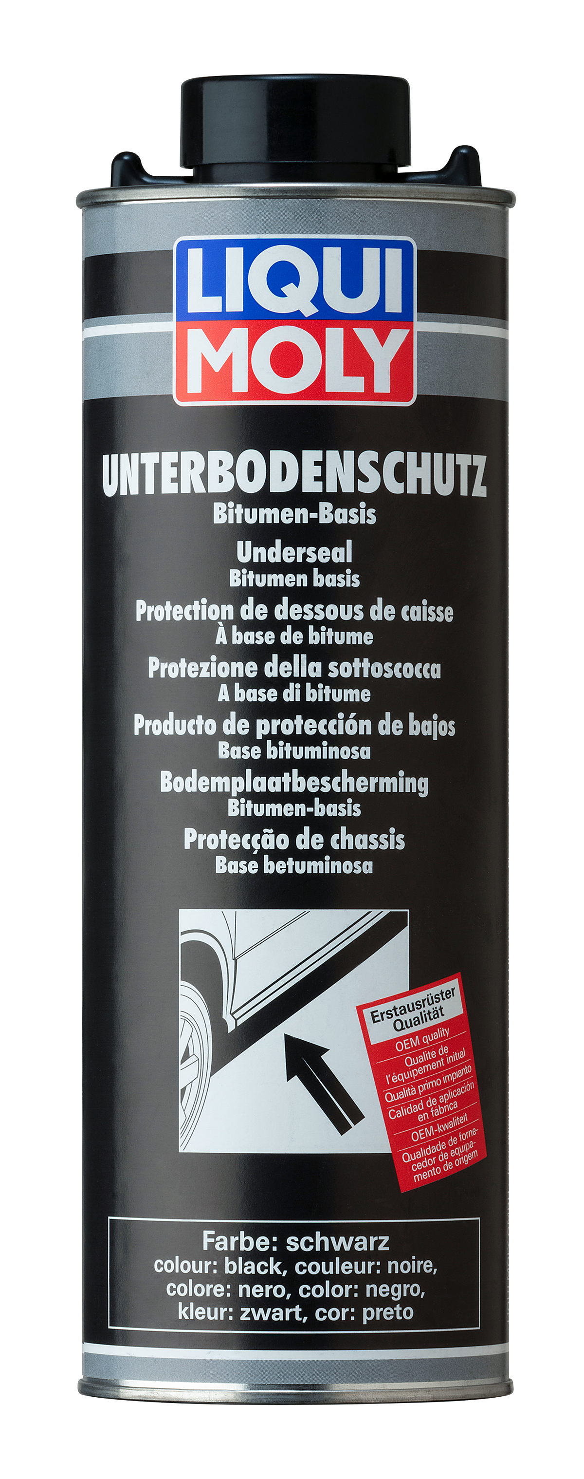 Liqui Moly Underseal Bitumen Black 1L container for automotive underbody protection, with black liquid sealant visible in the image.