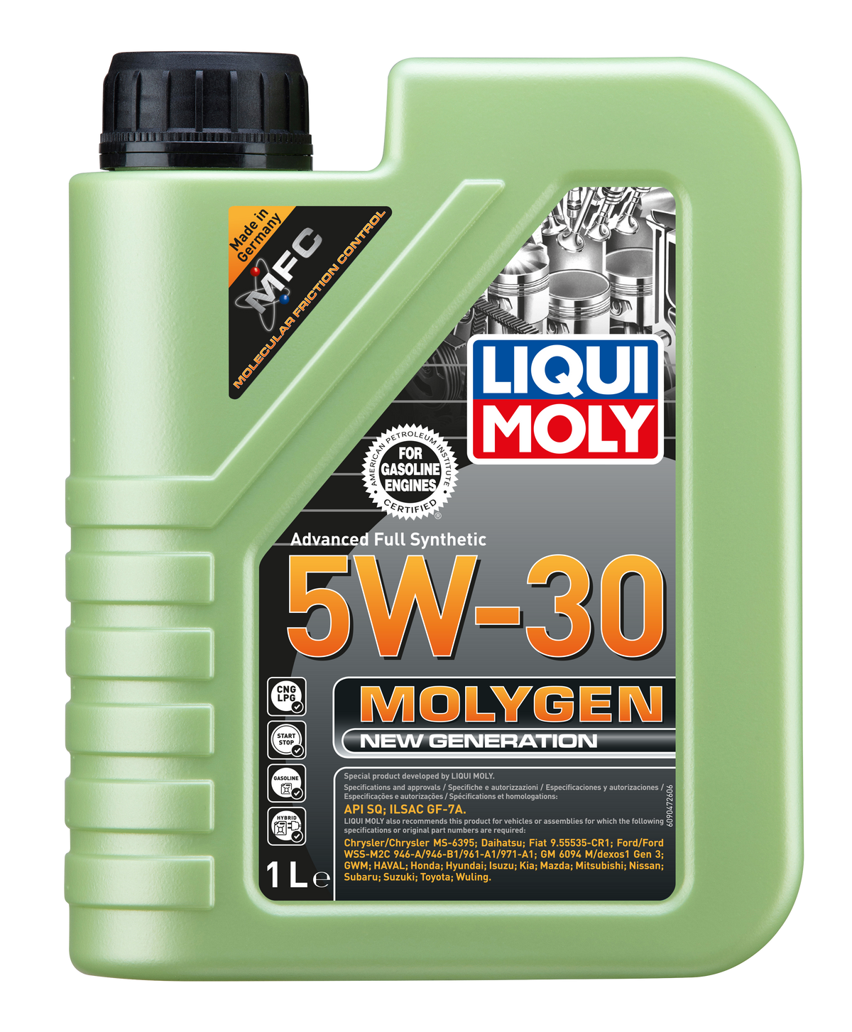 Liqui Moly Molygen New Generation 5W-30 engine oil bottle with label and cap, designed for automotive engine lubrication.