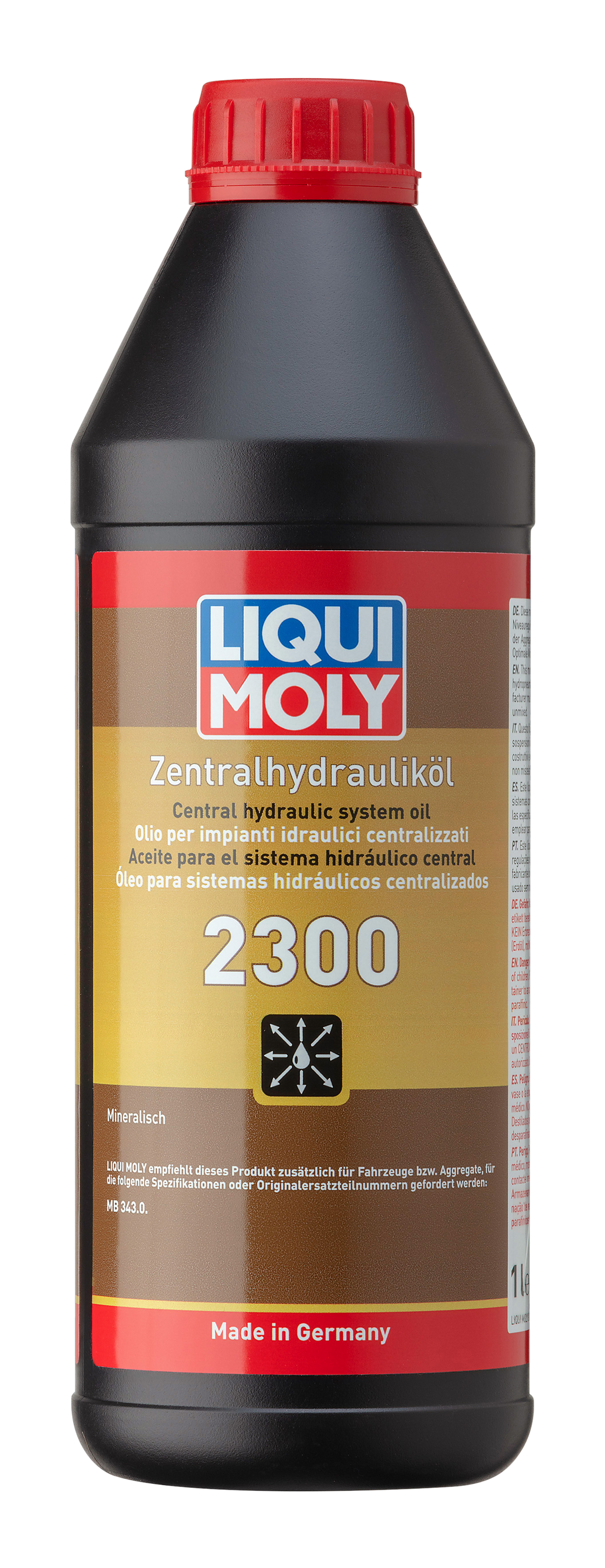 Liqui Moly Central Hydraulic System Oil 2300 1L bottle, gearbox fluid for hydraulic systems, with a clear label and cap.