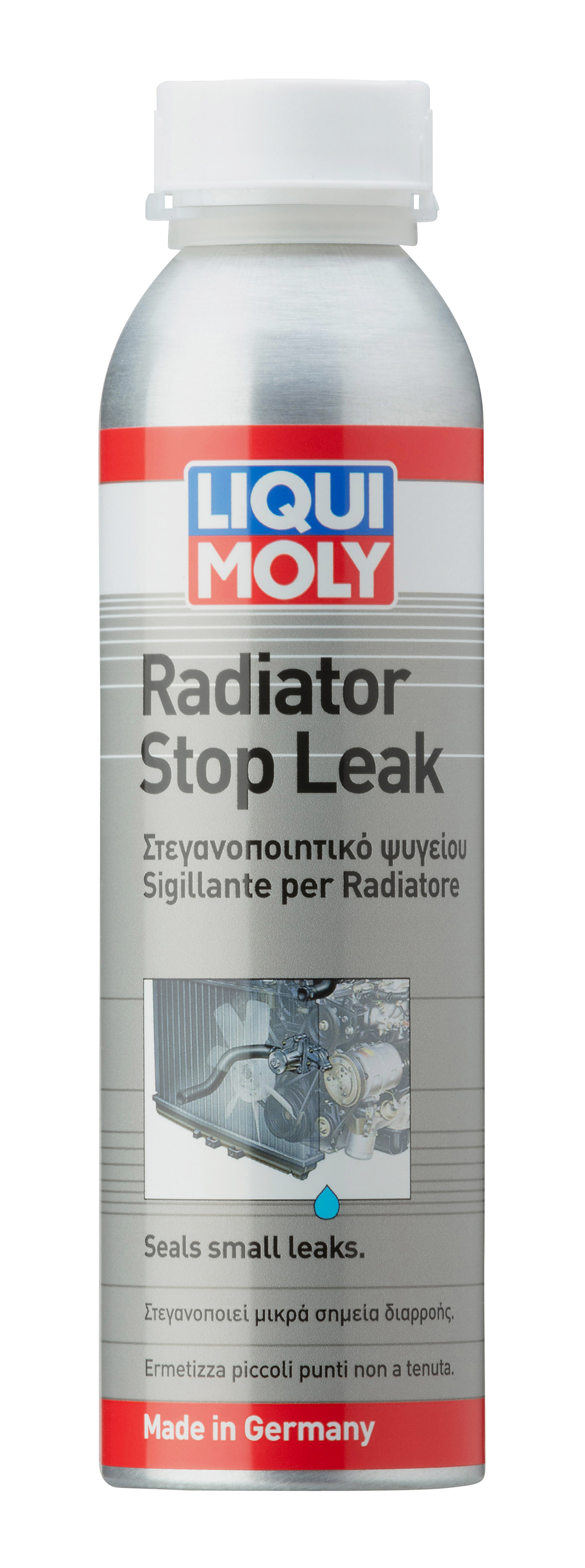 Liqui Moly Radiator Stop Leak additive for cooling system leaks, in a bottle with label showing product details.