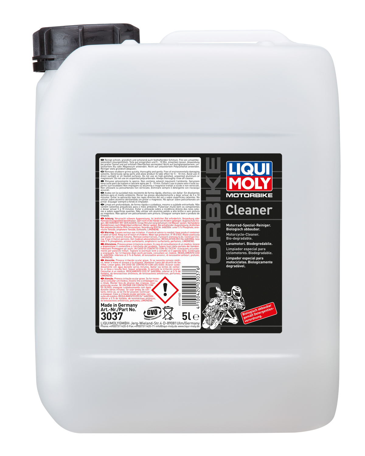 Liqui Moly Motorbike Cleaner applied to a motorcycle, showing cleaning spray and foam on the vehicle's surface.
