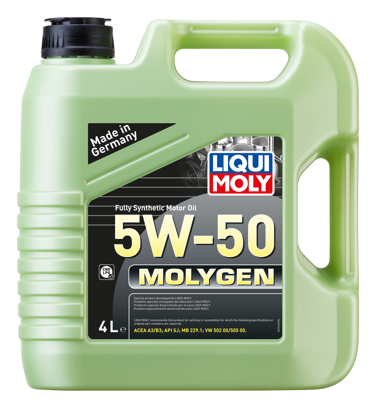 Liqui Moly Molygen 5W-50 engine oil container, 4-liter size, with label displaying product details and branding.