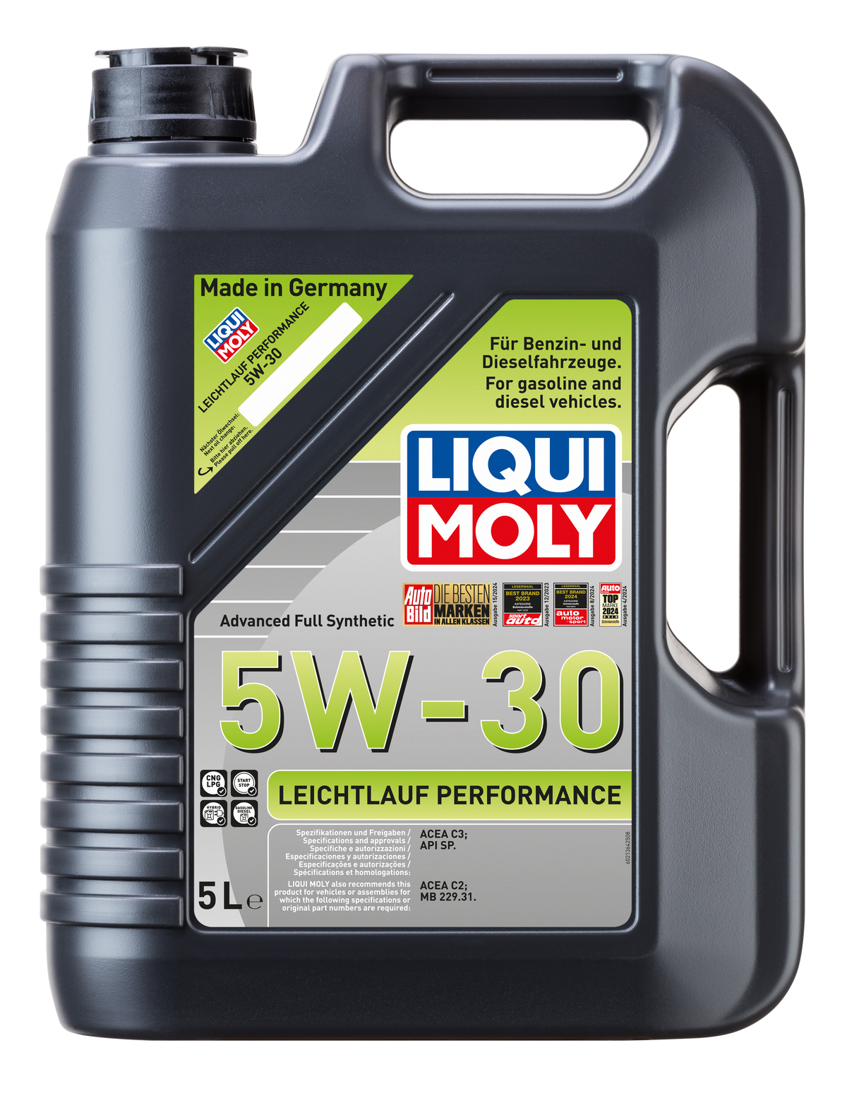 Liqui Moly Smooth Running Performance Engine Oil 5W-30 bottle with label showing engine oil specifications and brand logo.