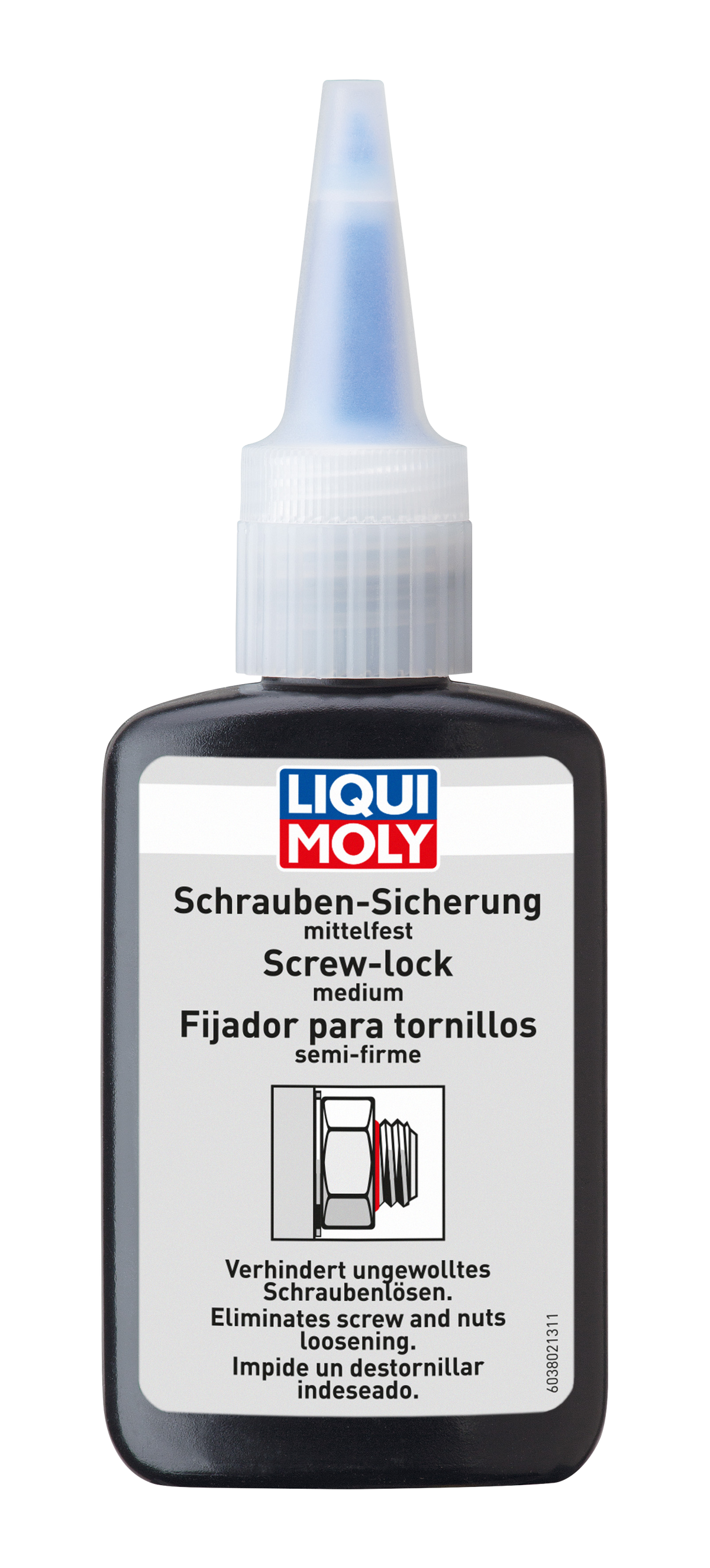 Liqui Moly screw retainer medium strength adhesive applied to engine screw for secure fastening and vibration resistance.