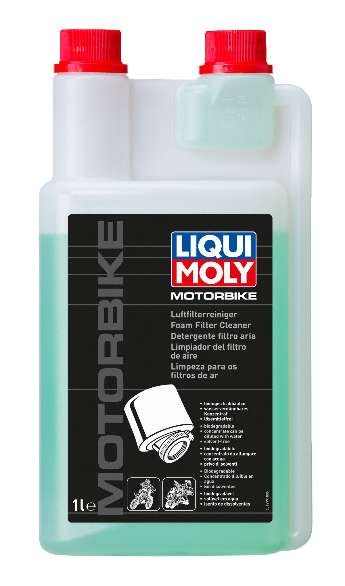 Liqui Moly Motorbike Foam Filter Cleaner 1L bottle, motorcycle foam filter cleaning product with label visible.