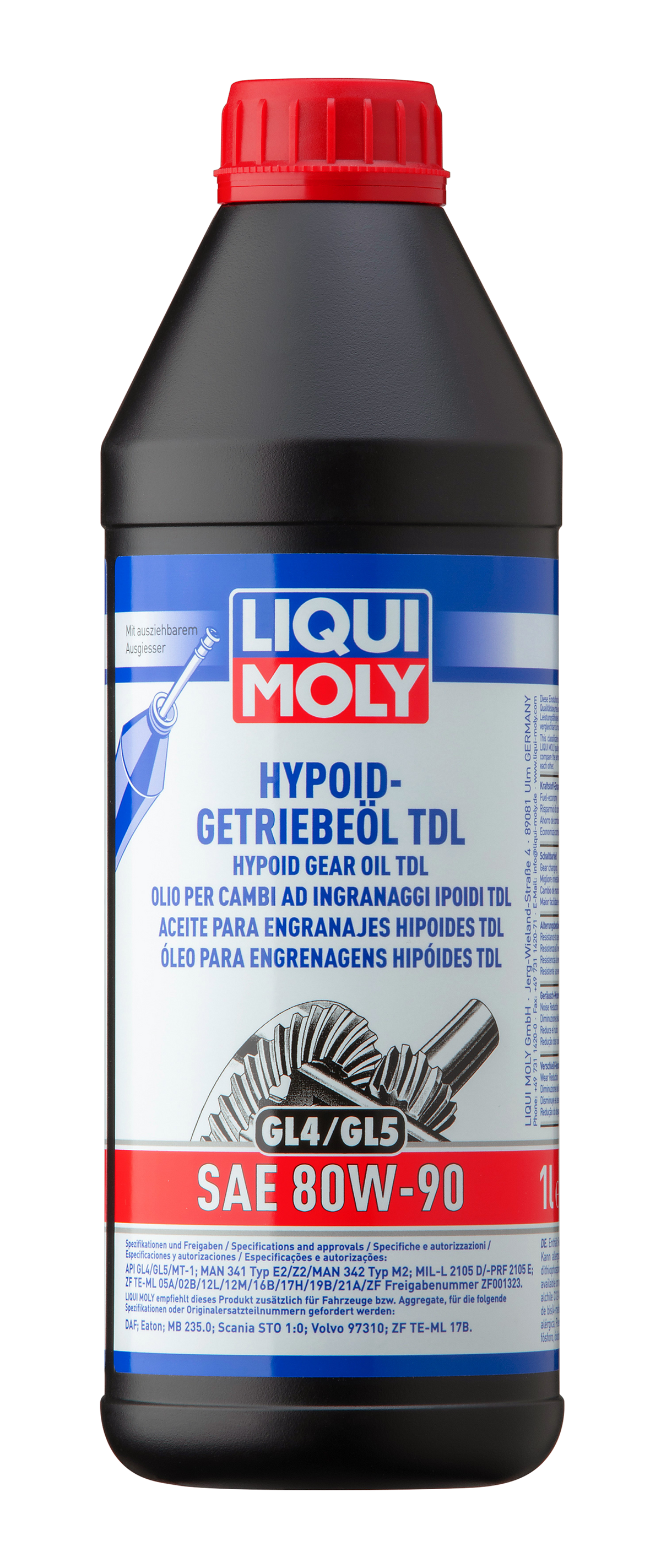 Liqui Moly Hypoid Gear Oil GL4/5 TDL SAE 80W-90 gearbox fluid in a container, used for lubricating differentials and gearboxes