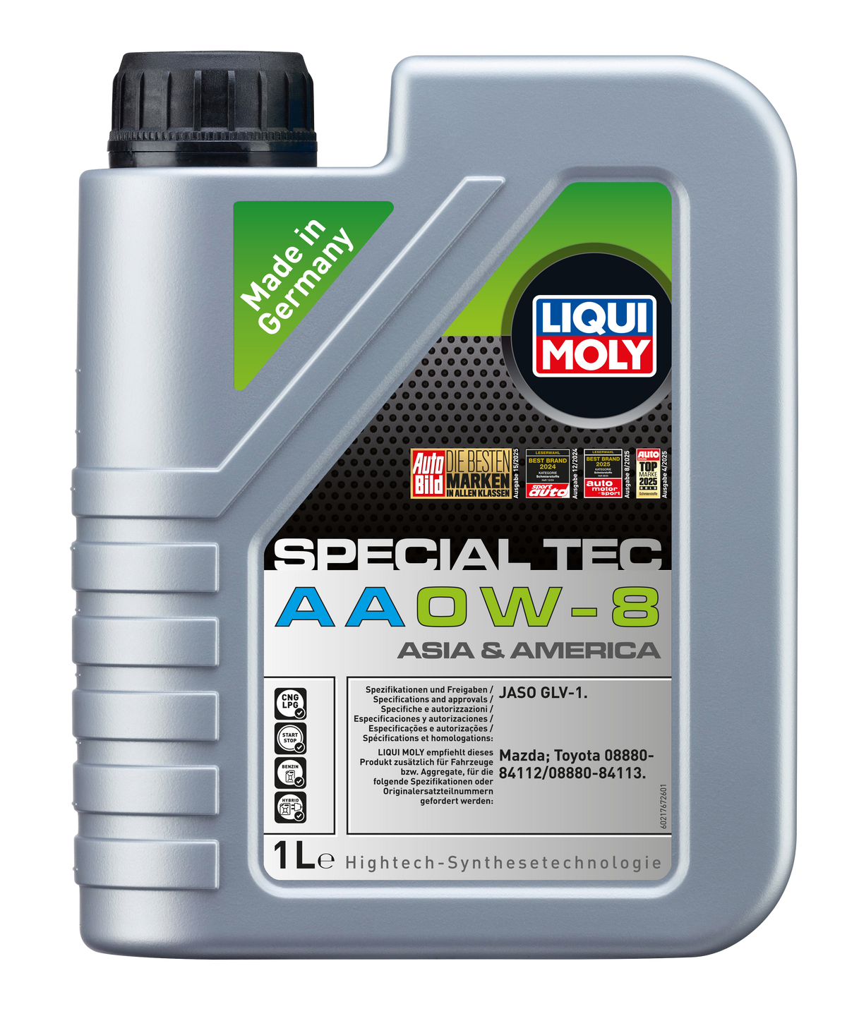 Liqui Moly Special Tec AA 0W-8 engine oil bottle, lightweight motor oil for modern engines, with brand label visible.