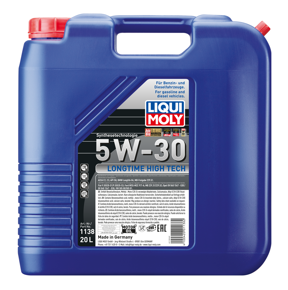Liqui Moly Longtime High Tech 5W-30 engine oil bottle with label, designed for automotive engine lubrication and performance.