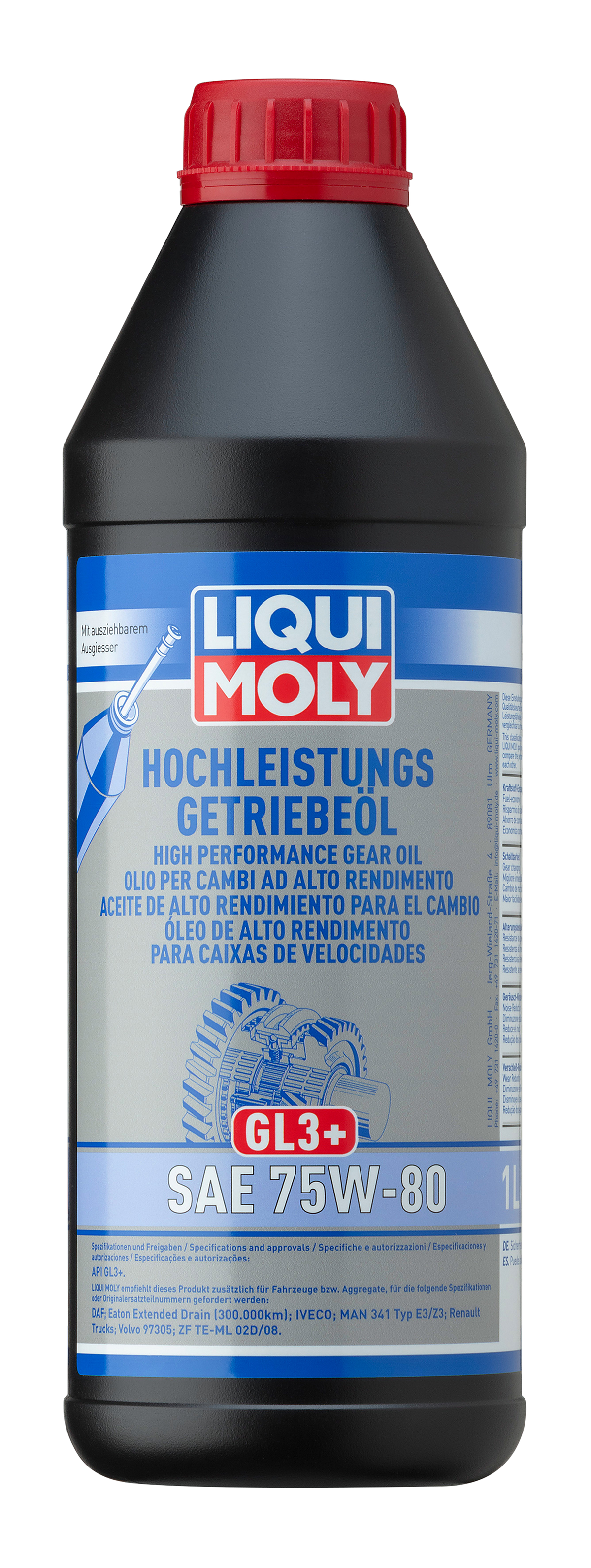 Liqui Moly High Performance Gear Oil GL3+ SAE 75W-80 in a container, designed for gearbox lubrication and protection.