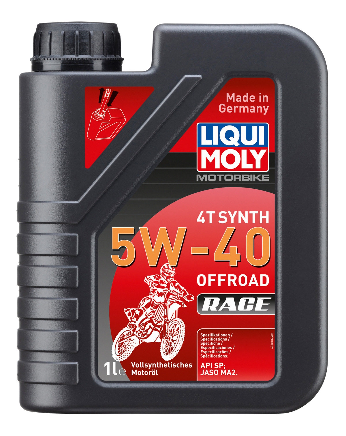 Liqui Moly Motorbike 4T Synth 5W-40 Offroad Race motorcycle engine oil bottle with label and cap.