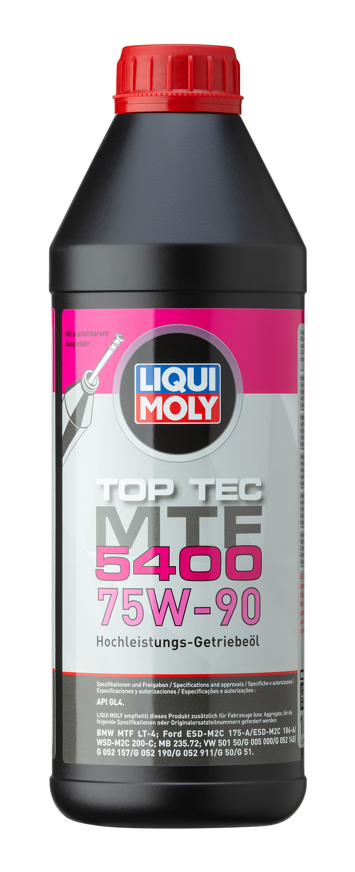 Liqui Moly Top Tec MTF 5400 75W-90 gearbox fluid container with label showing product details and brand logo.