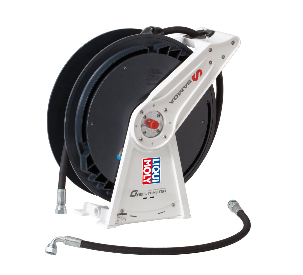 Liqui Moly open hose reel for workshop tools with metal frame and hose storage, ideal for organized workshop setup.