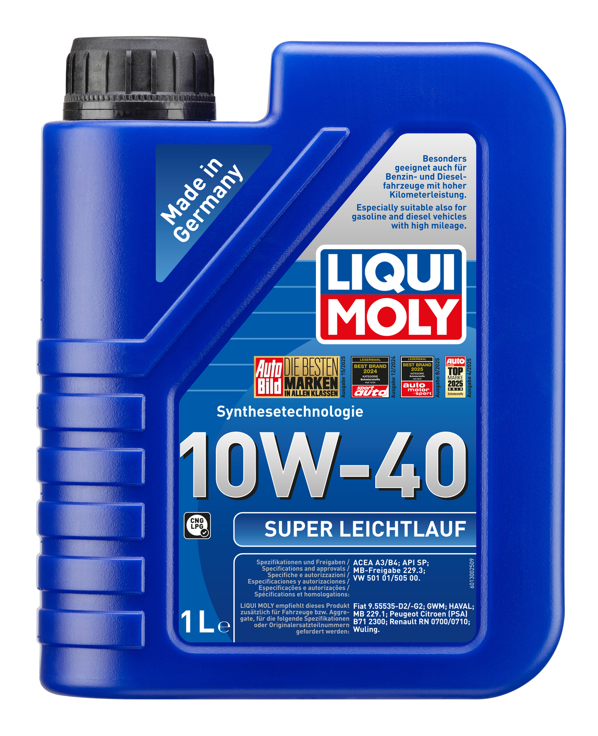 Liqui Moly Super Smooth Running Engine Oil 10W-40 container with engine oil label and cap, designed for vehicle engine lubrication