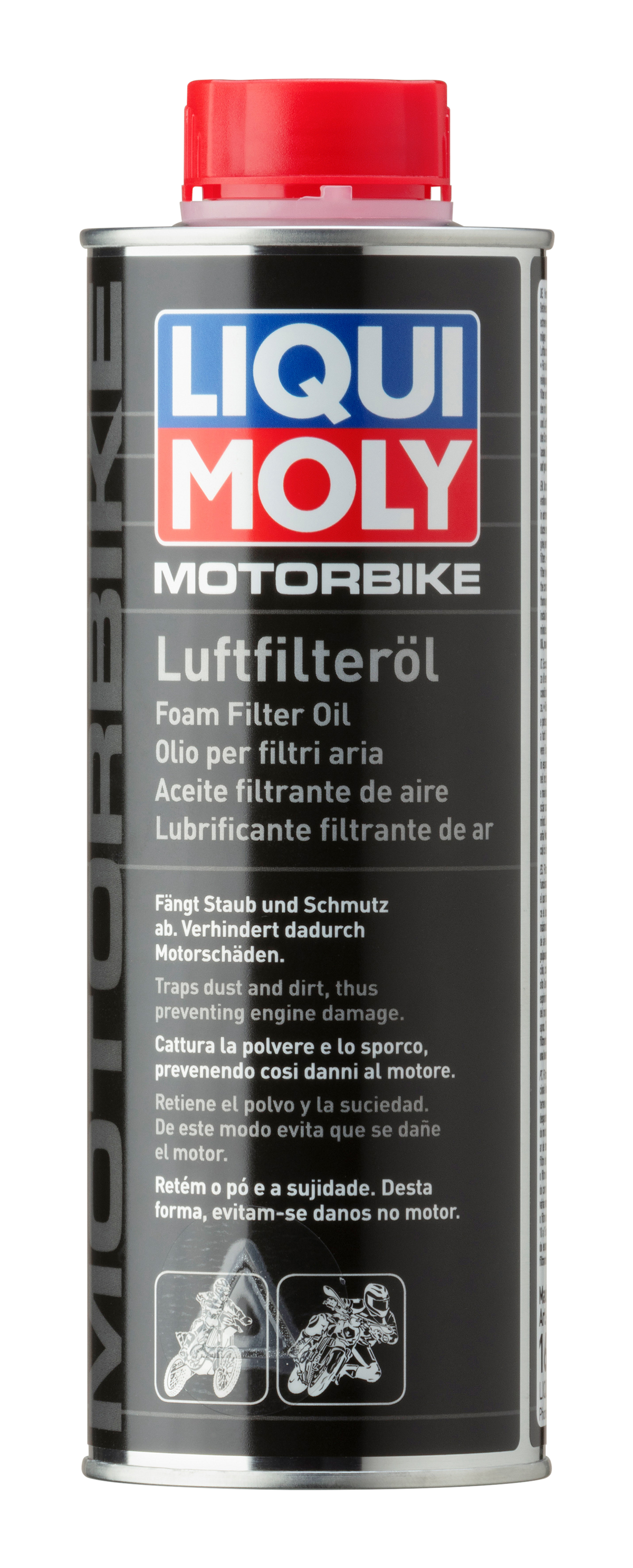 Liqui Moly Motorbike Foam Filter Oil applied on a motorcycle foam air filter for engine protection and enhanced performance.