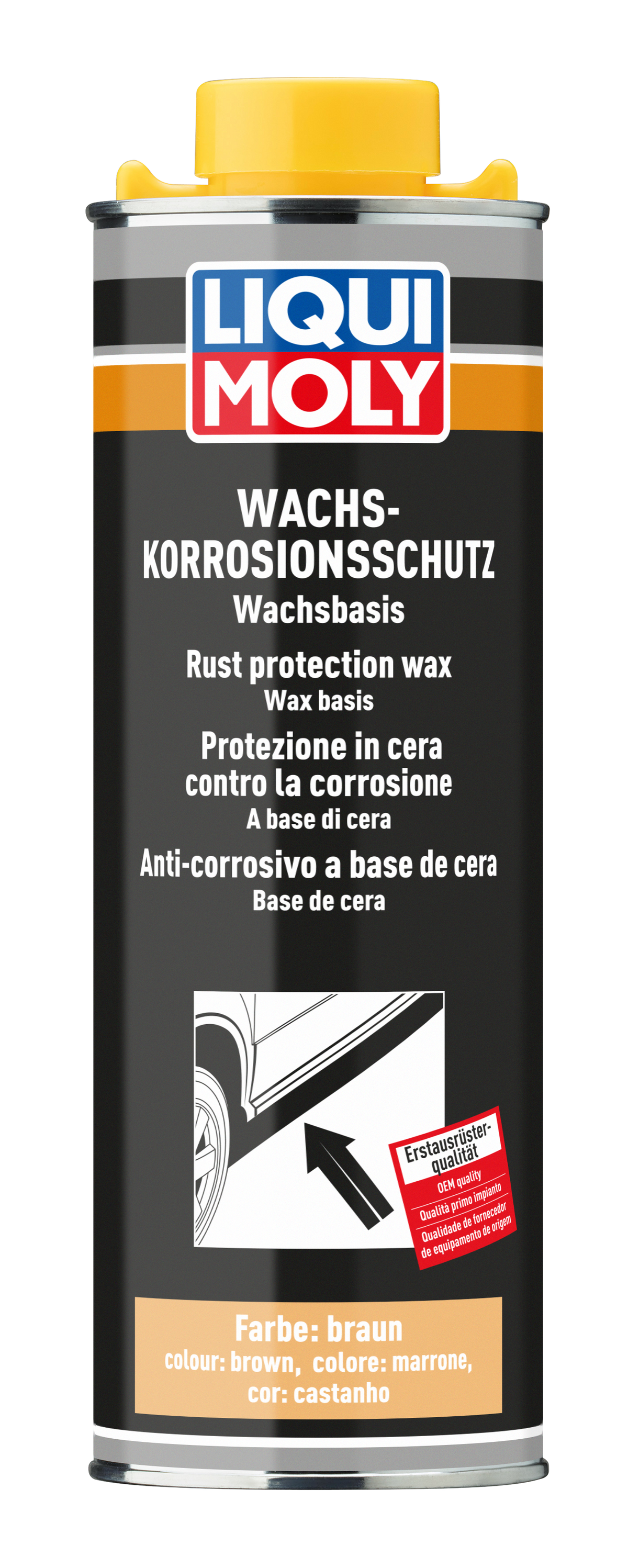 Liqui Moly Rust Protection Wax in beige and transparent 1L container for vehicle detailing, shown in a close-up image.