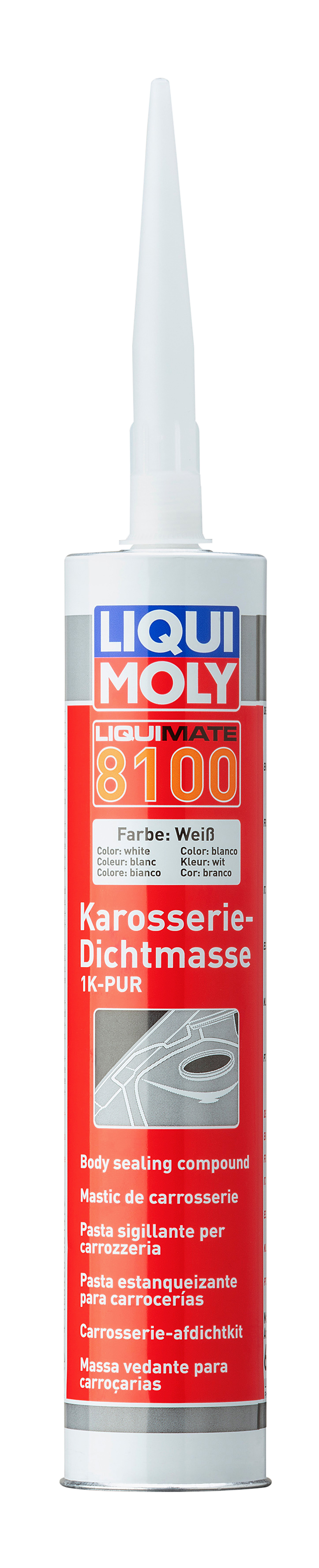 Liqui Moly Liquimate 8100 1K-PUR adhesive in a 310 ml white tube, designed for bonding and sealing applications.