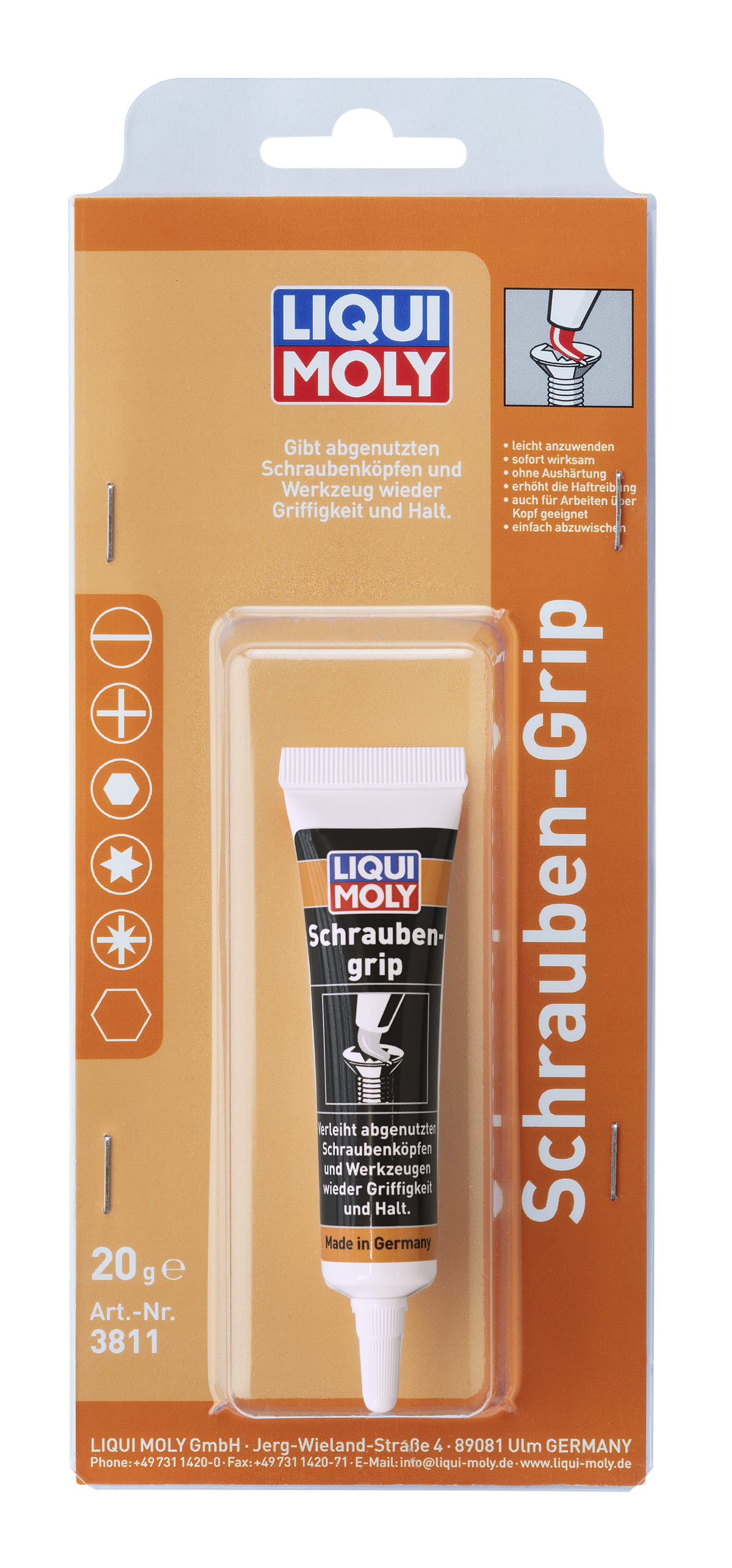 Liqui Moly Screw Grip 20g adhesive sealant tube for fast, secure fixing of screws and small parts in mechanical applications.
