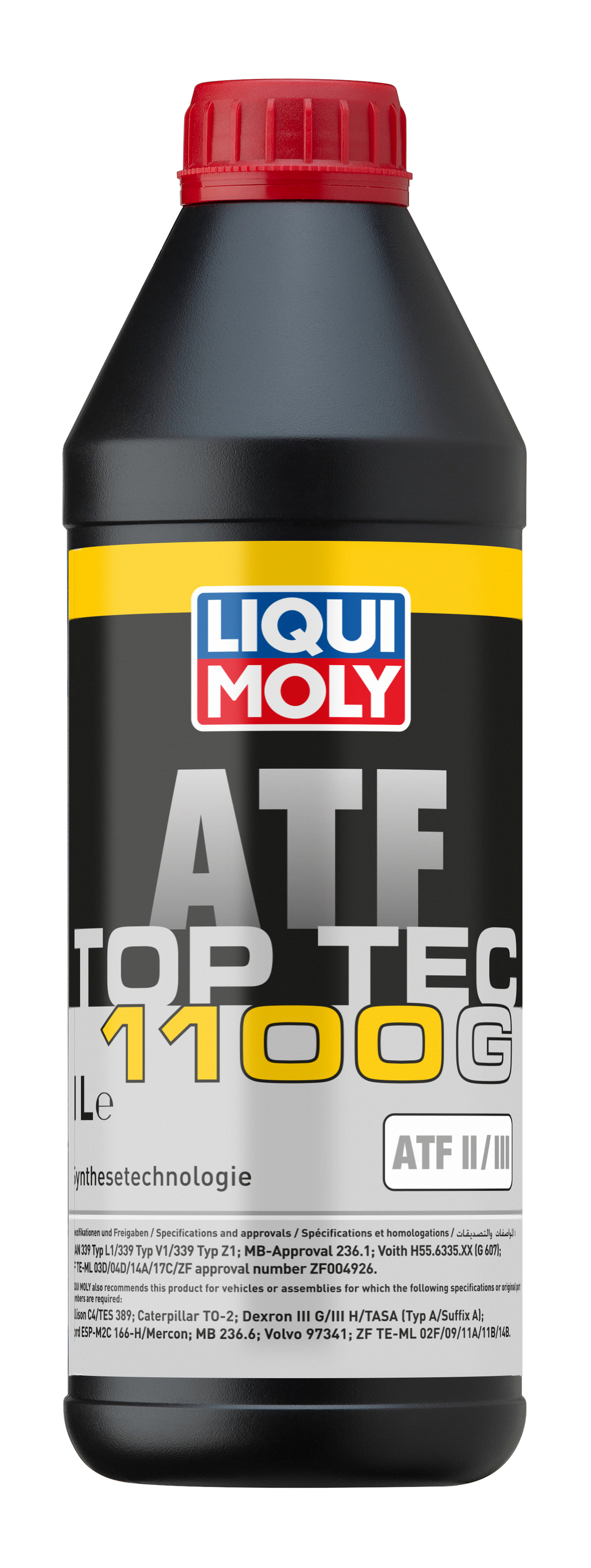 Liqui Moly Top Tec ATF 1100 G gearbox fluid bottle, 1-liter container with label showing product details and brand logo.