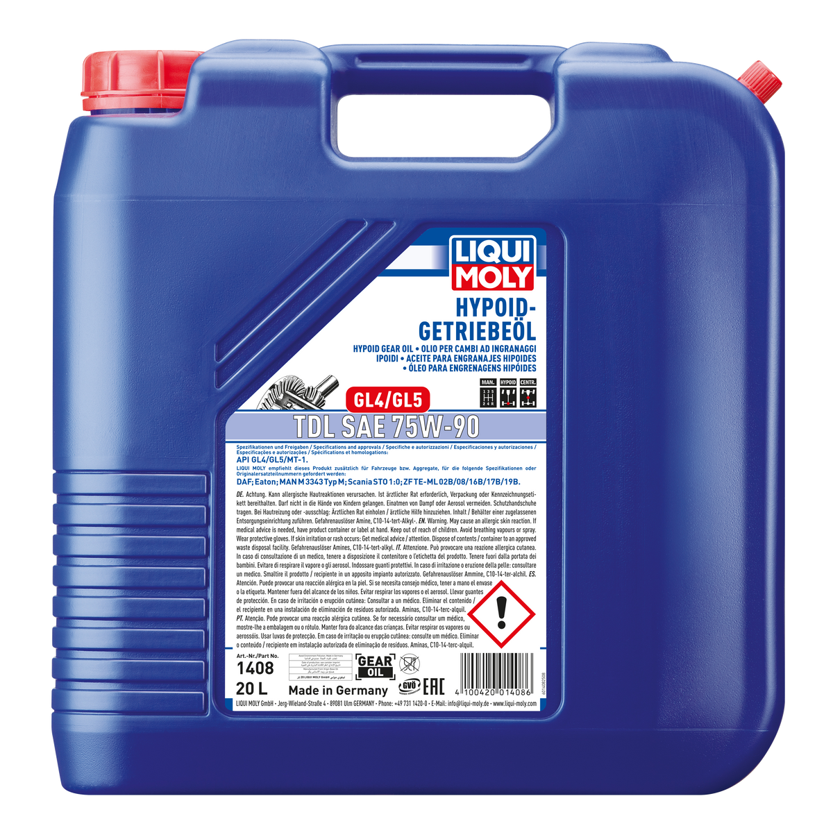 Liqui Moly Hypoid Gear Oil GL4/5 TDL SAE 75W-90 gearbox fluid in a container, suitable for hypoid and other gearboxes.
