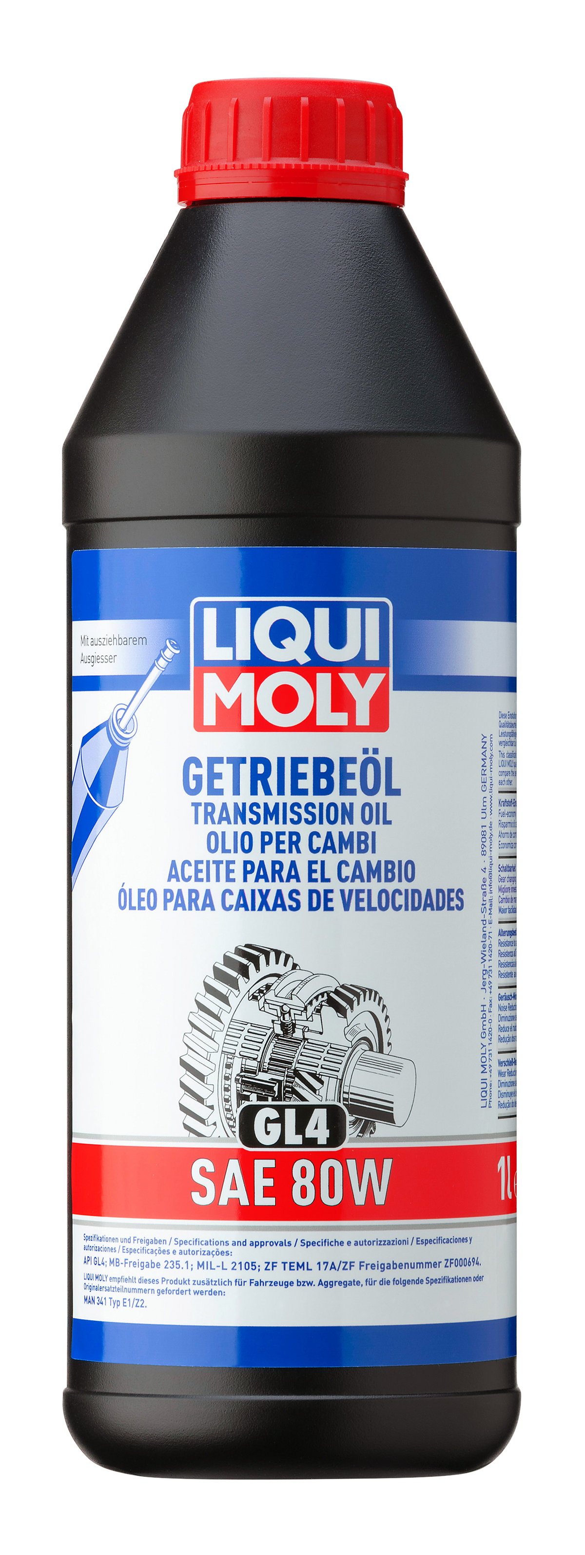 Liqui Moly Gear Oil GL4 SAE 80W gearbox fluid container with label showing product details and branding.